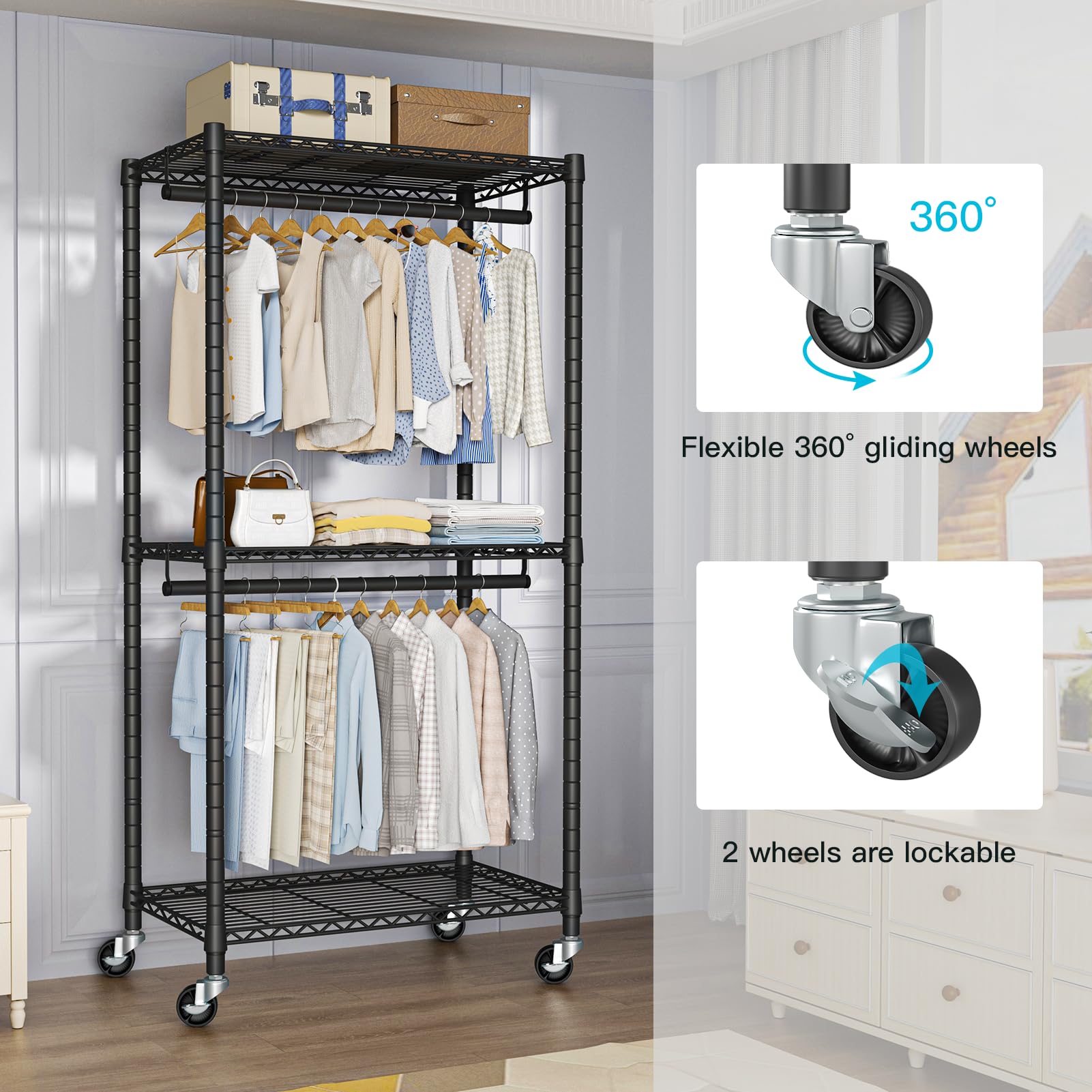 Futassi Heavy-Duty Portable Closet, 30''W X 14''D X 76''H, Black, Carbon Steel