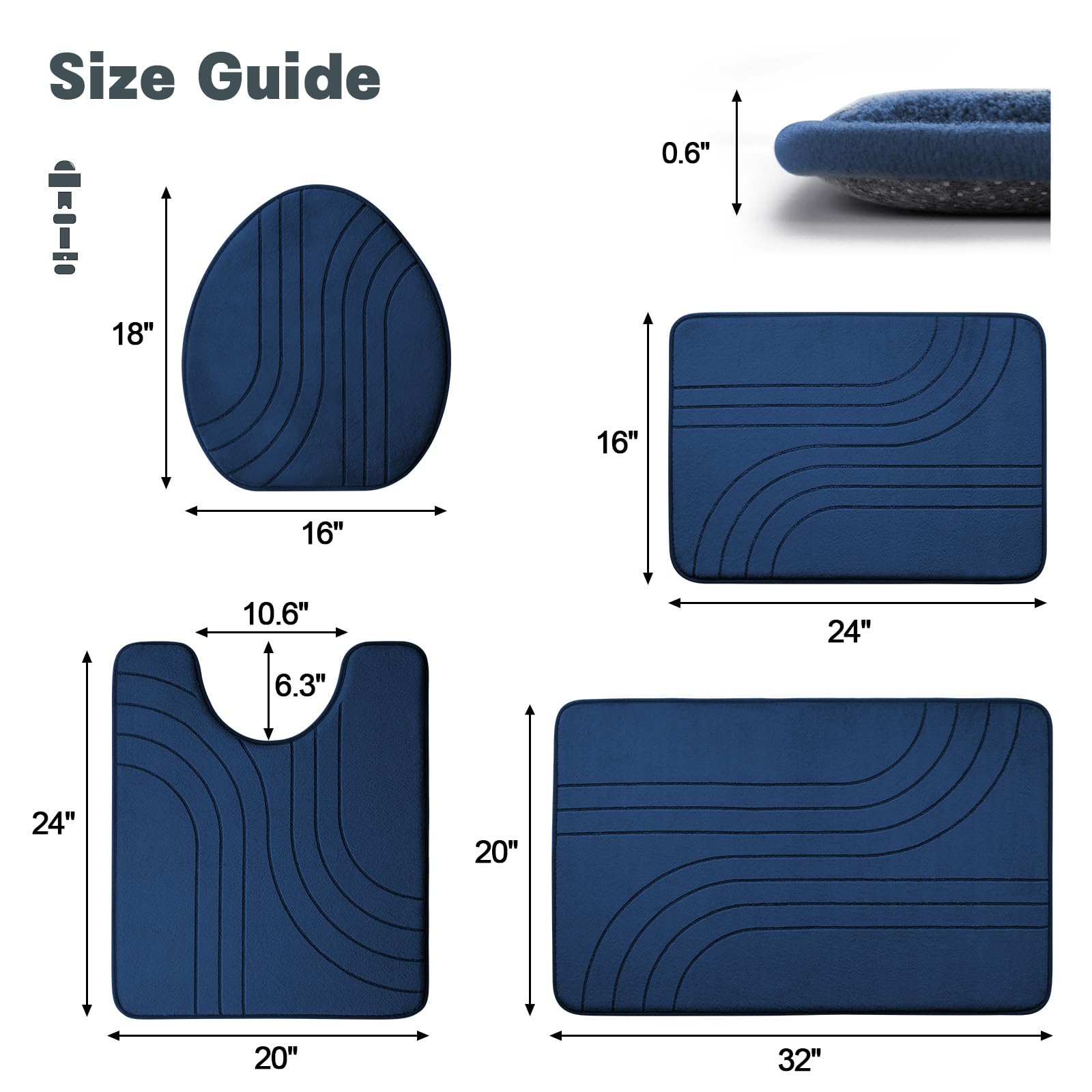 Yihouse Blue Memory Foam Bathroom Rugs Set 4 Pieces, Soft Non Slip Bathroom Mats Set, Extra Thick Bath Mats For Bathroom, Machin