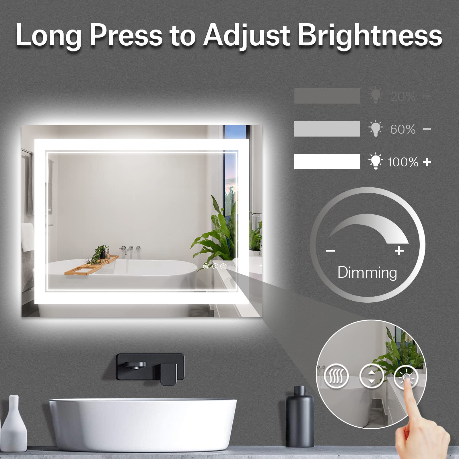 Istripmf 40 X 32 Inch Led Bathroom Mirror, Front Light And Backlit Anti-Fog Dimmable Memory Lighted Vanity Mirror, Shatterproof