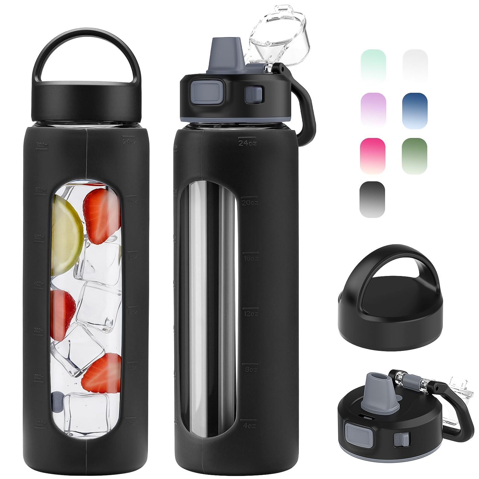 Kodrine 24oz Glass Water Bottle With Straw-2 lids-Reusable Daily Water Intake Glass Bottle with Measurements,Silicone Sleeve, Ti