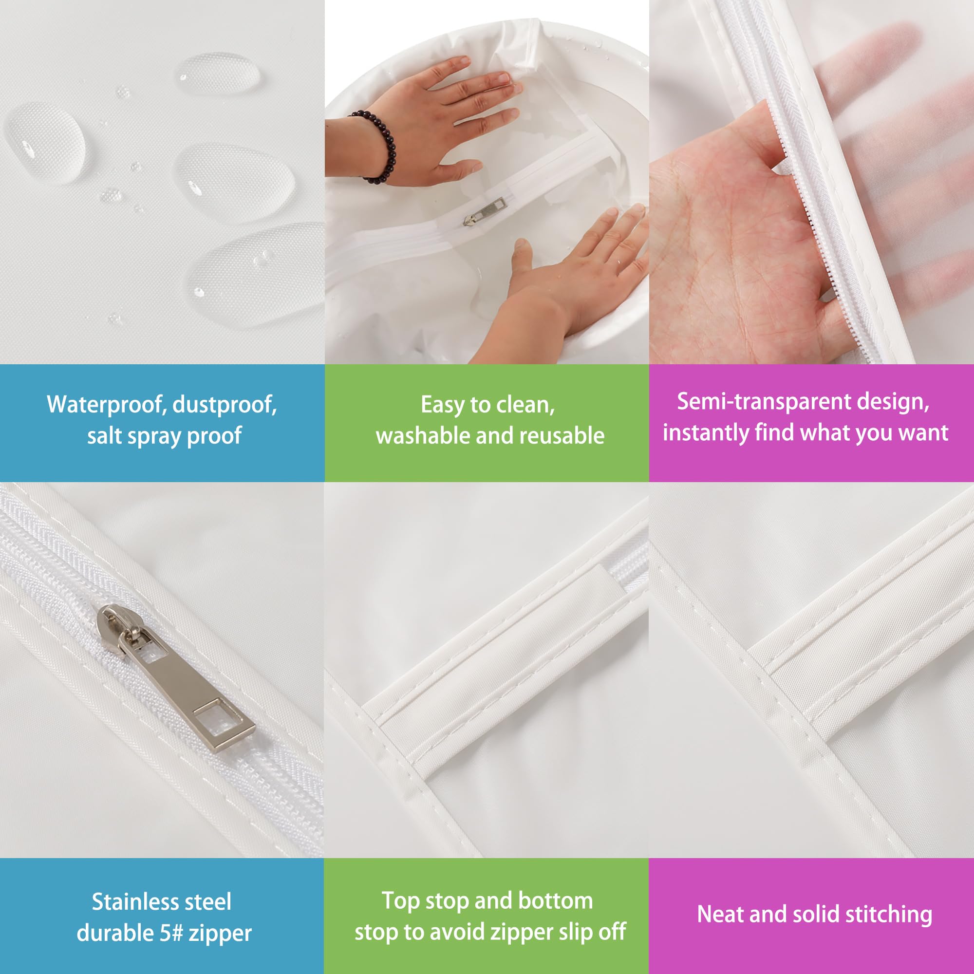 Vosigreen Hanging Garment Bags 12 Piece Set - 60 Inch Translucent Dust Proof Clothes Bag White Breathable Full Zipper Dust Cover