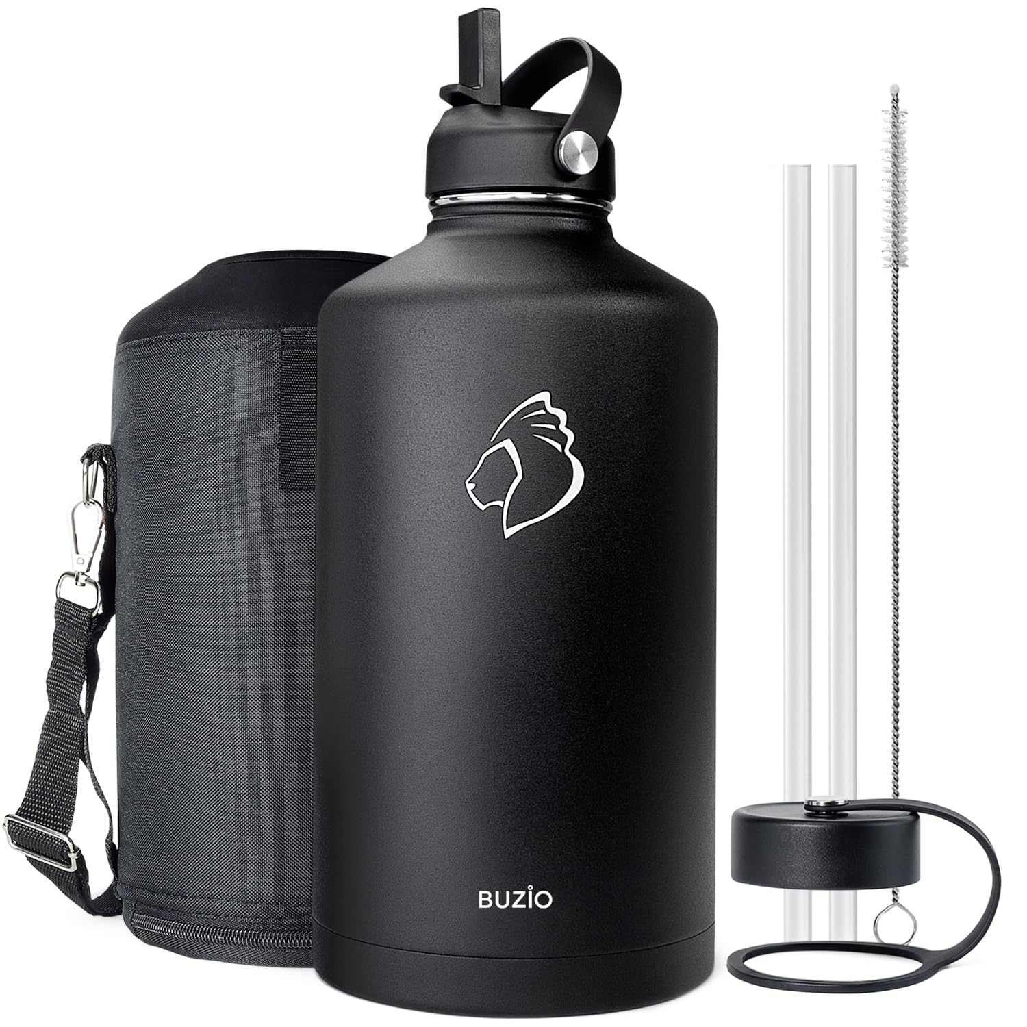 BUZIO 1 Gallon Water Jug with Straw Handle Lid, 128oz Water Bottle Stainless Steel Double Wall Hydro Jug 18/8 Food Grade Thermo 