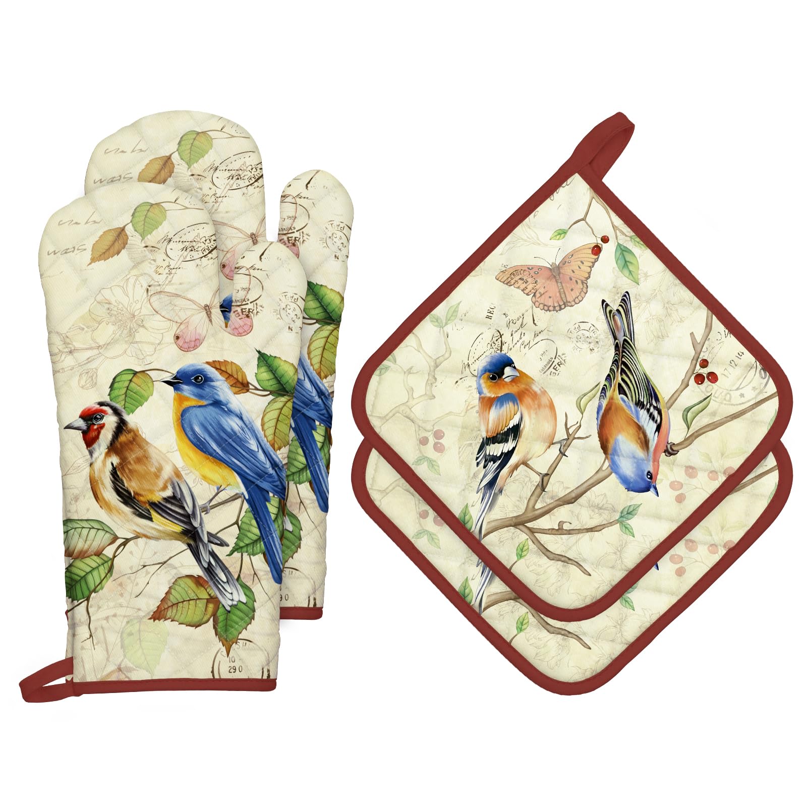 Arquiel Vintage Bird Oven Mitts And Pot Holders Sets 4Pcs, 100% Cotton Heat Resistant, Extra Long Oven Gloves Potholder For Kitc