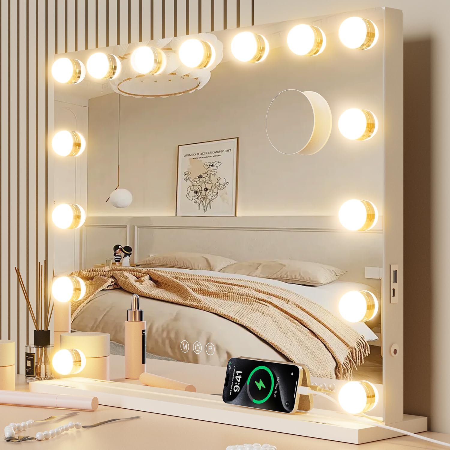 VESAUR 23 Large Vanity Mirror with Lights, Hollywood Lighted Makeup Mirror with 10X/15X Magnification, 15 Dimmable LED Bulbs 3 C