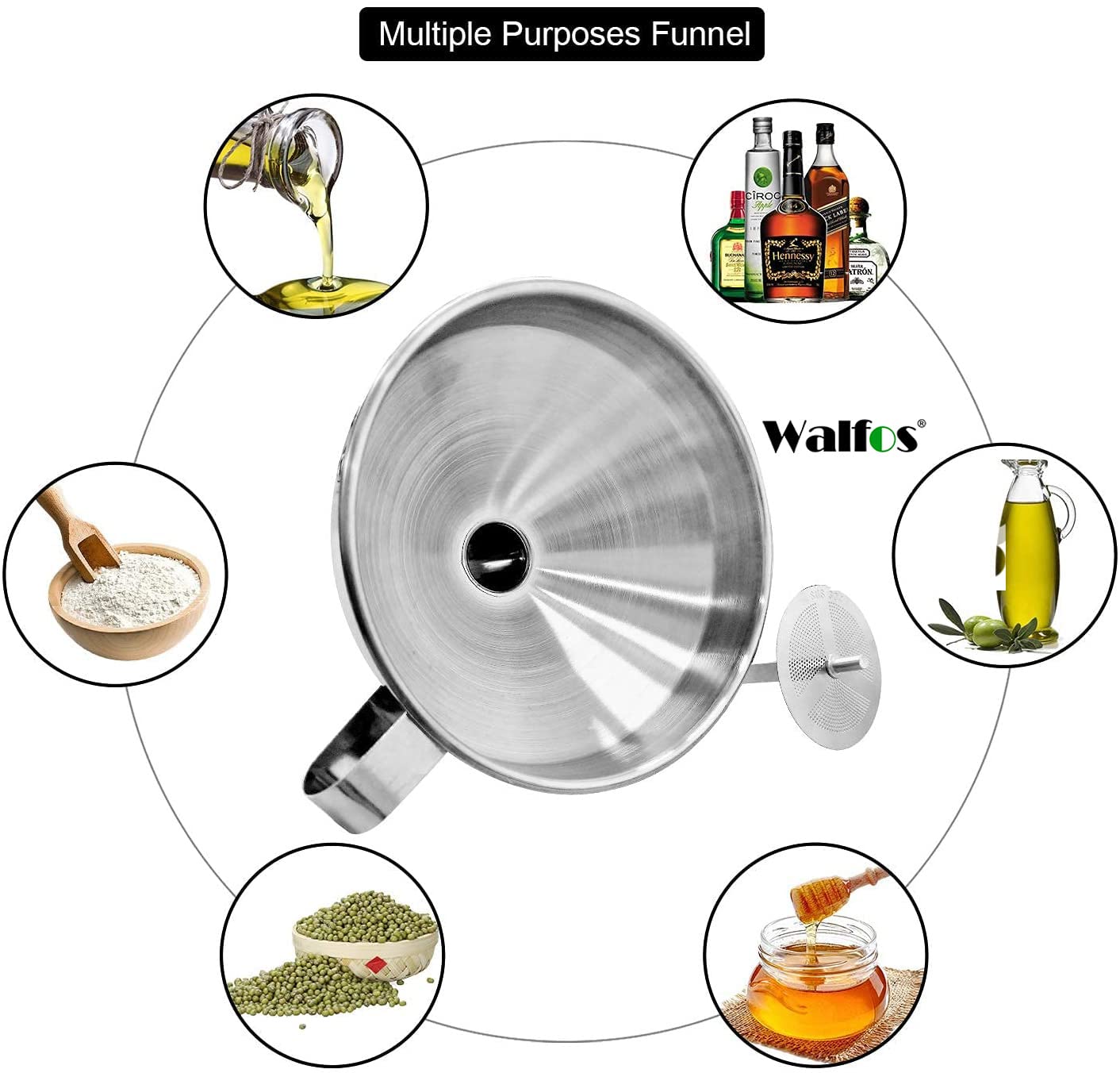 Large Stainless Steel Funnel, Walfos Kitchen Funnel With 2 Removable Strainer & 1Pc Cleaning Brush, Perfect For Transferring Of