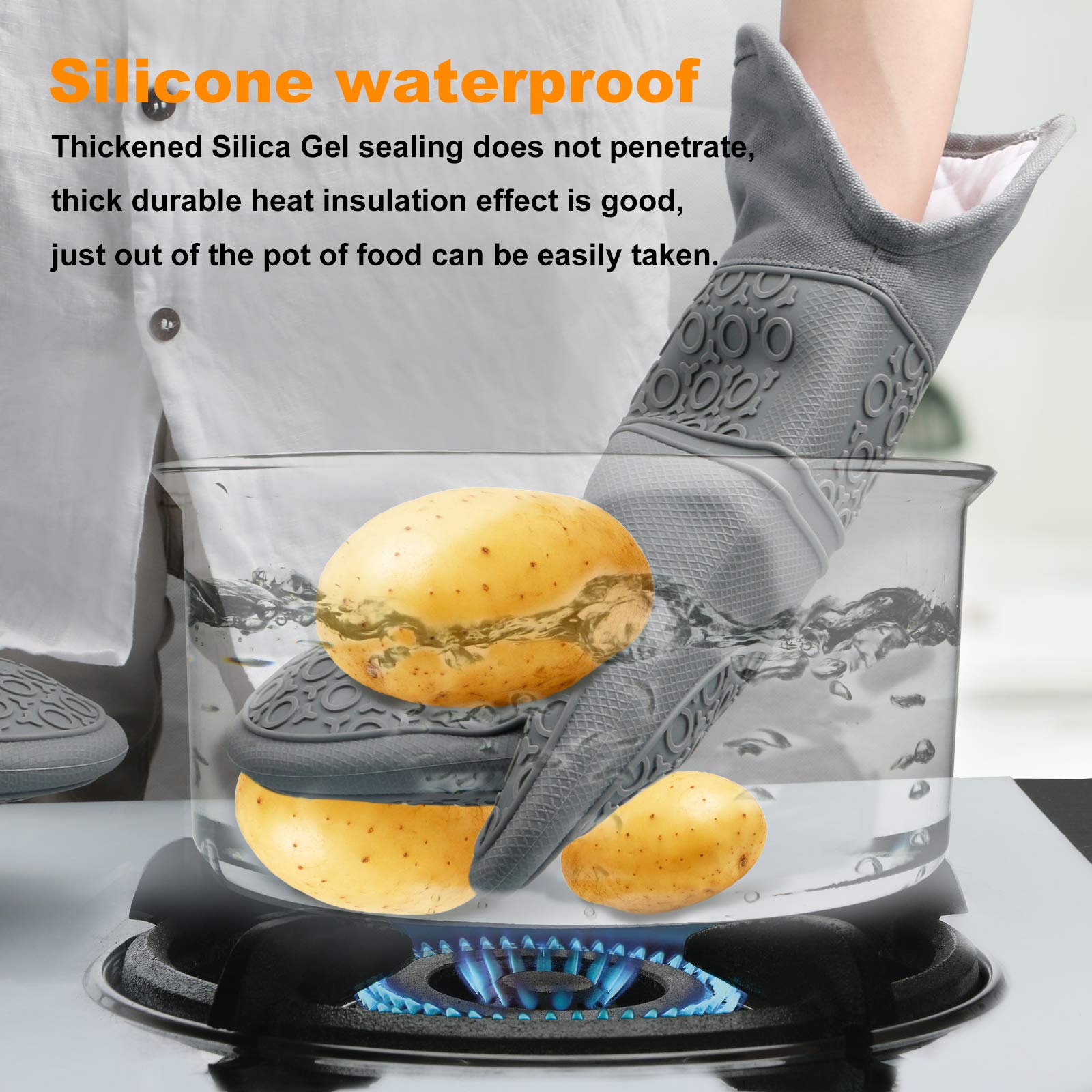 Jumeijia Oven Mitts And Hot Pads Sets, 8Pcs Extra Long Silicone Oven Gloves With Non-Slip Heat Resistant Hot Trivet Mats And Coo