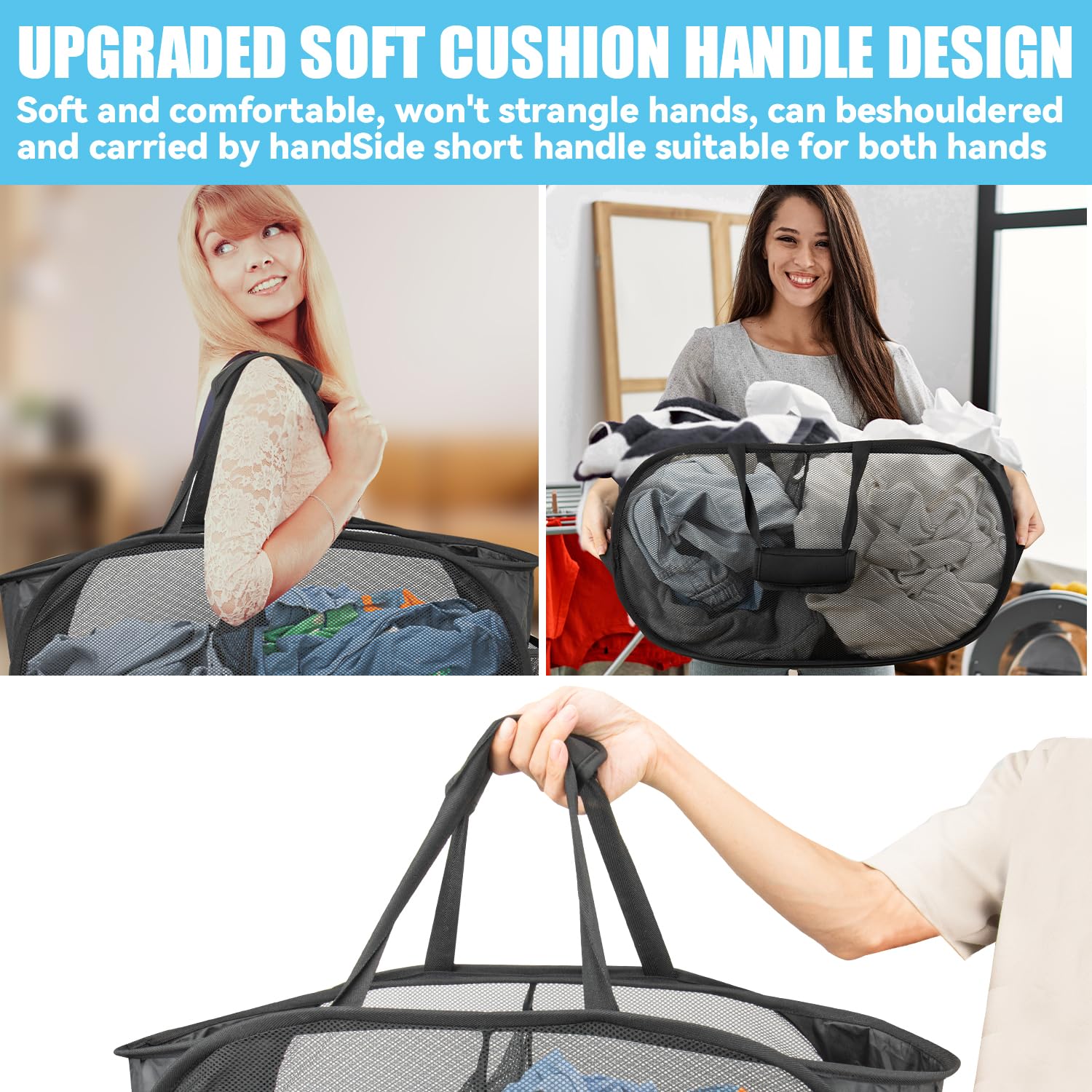 4 Pieces Collapsible Laundry Baskets Pop Up Mesh Laundry Hampers With Handle Soft Cushion And Side Pockets, Foldable Clothes Bas