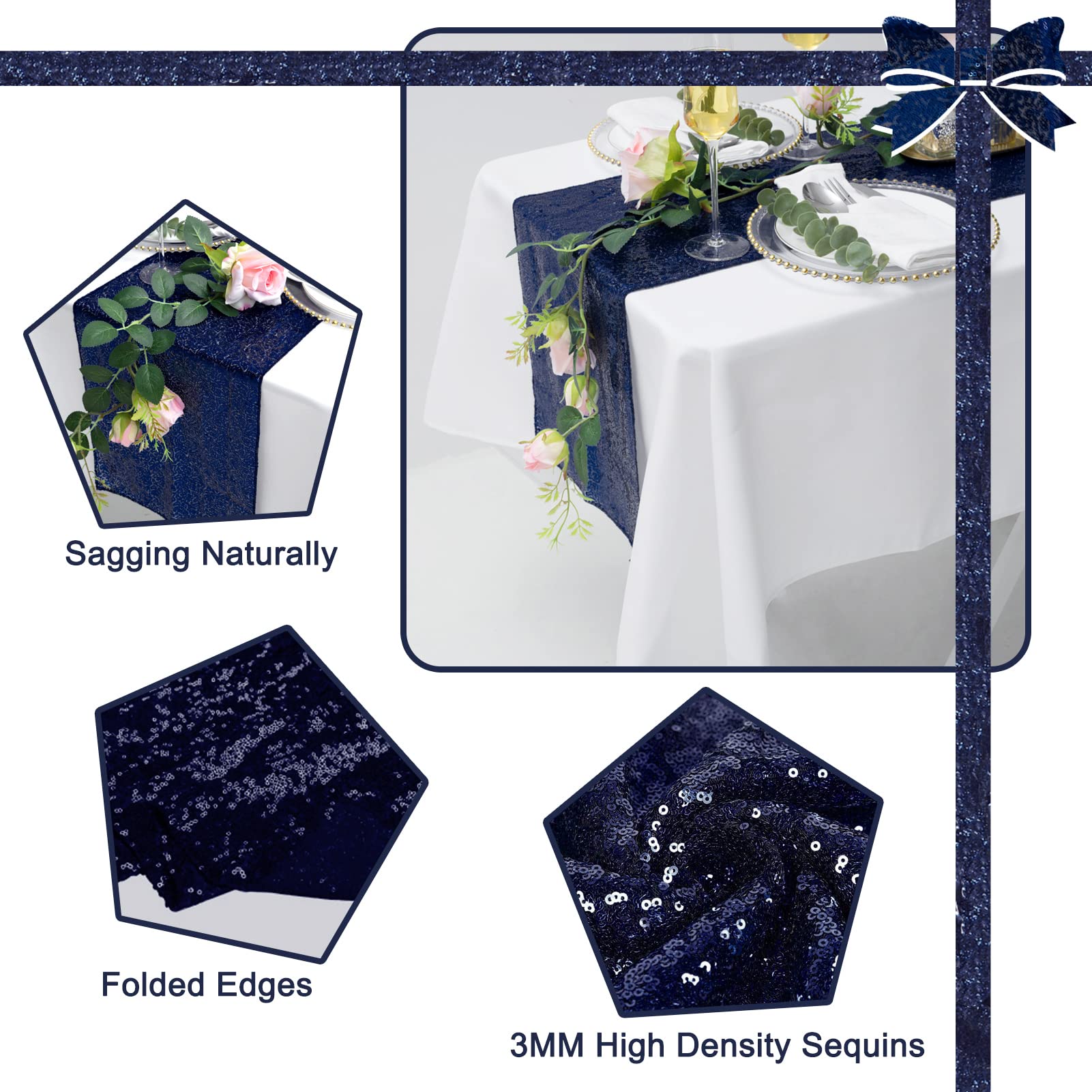 Tcbesto Navy Blue Sequin Table Runner 12 ' 'X 72 ' ' 12 Pack Navy Glitter Metal Shiny Table Cloth Runner For Wedding Birthday Pa