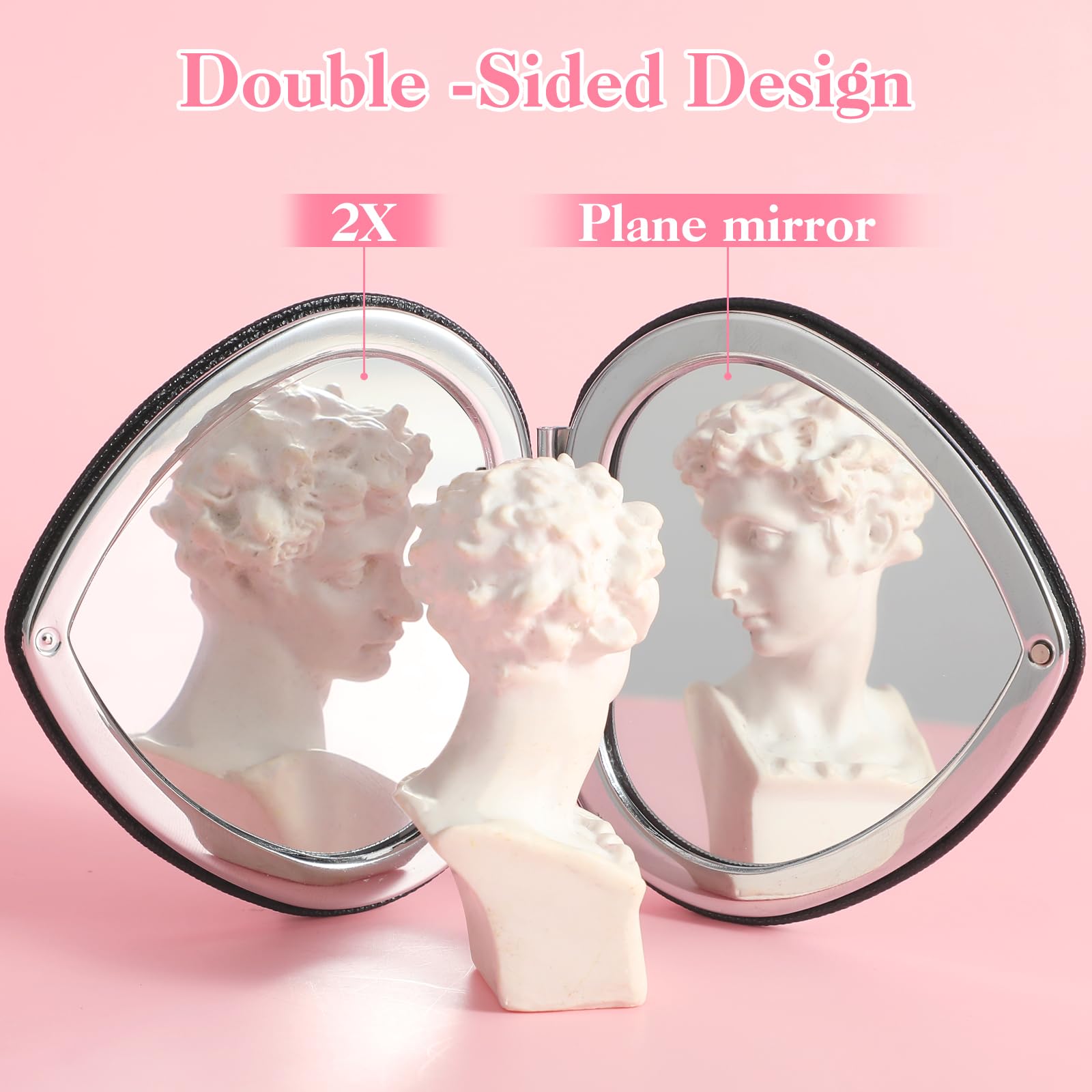 Qianyu Compact Folding Mirror Heart Shaped Double-Sided 1X/2X Magnifying Mirror Cute Mini Glitter Makeup Mirror With Pu Leather