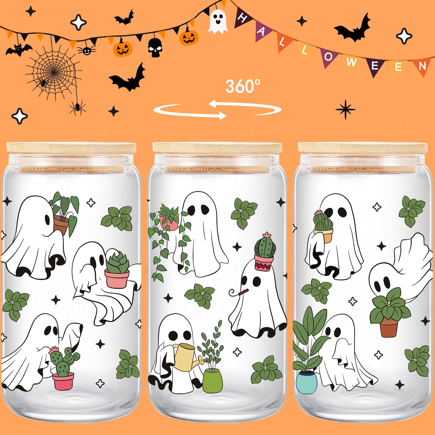 JYPLKCMT Halloween Plant Ghost Cup, Cute Halloween Mug Gifts Basket for Plant Lovers, 16 oz Iced Coffee Tumbler with Lid and Str
