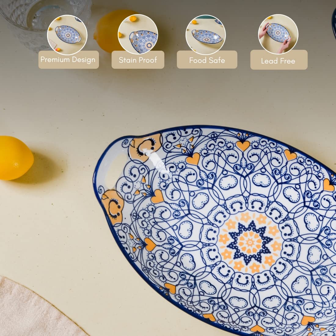 Nestasia Dark Blue Mandala Ceramic Long Dish with Handles for Serving Snacks, Appetizers, Salads, and Noodles| Microwave Safe, D