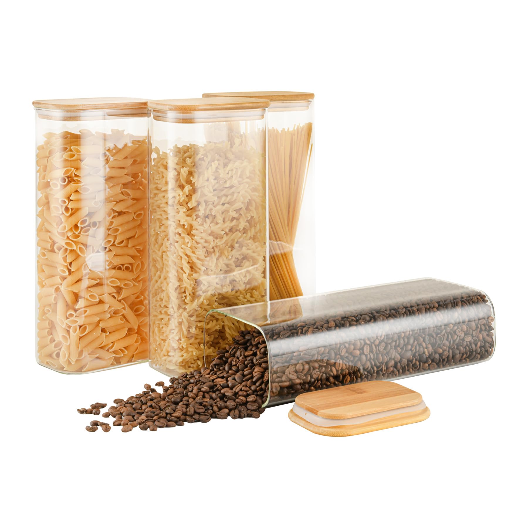 D2scrma 71oz Rectangle Airtight Glass Storage Containers with Bamboo Lids (Set of 4), Square Food Storage Jar, Pantry Organizers