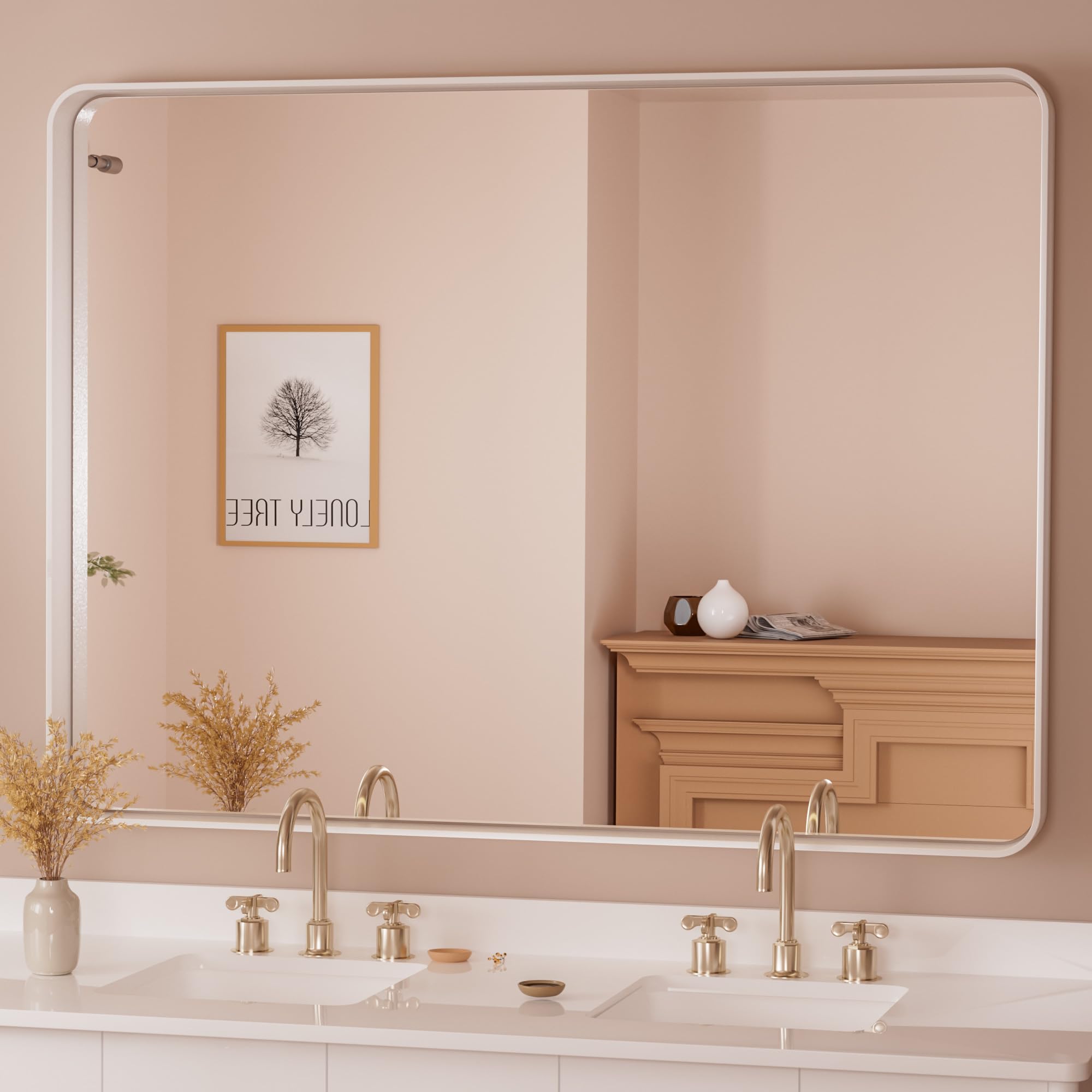 Tetote 48 X 36 White Mirror For Bathroom Metal Frame Wall Mounted Rectangle Mirror For Vanity With Sandy Textured Surface(Horizo