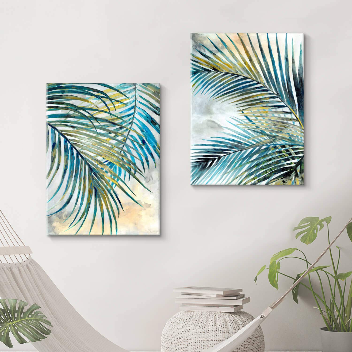 Artistic Path Palm Leaves Canvas Wall Art: Tropical Leaf Artwork Picture Painting For Bedroom (18 '' W X 24 '' H X 2 Pcs,Multi-S