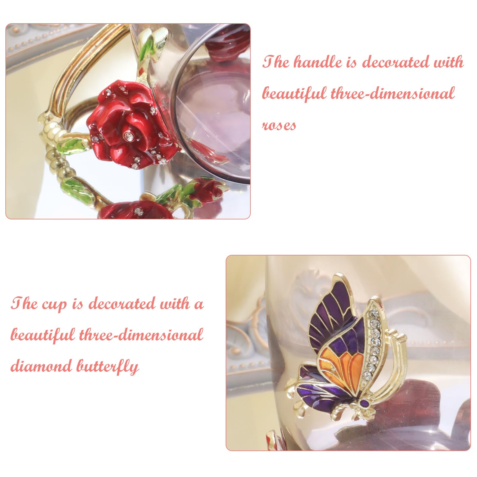 Flower Tea Cup ,Butterfly Rose Clear Glass Fancy Coffee Mug with Spoon,Gift Box for Her Mom Wife Grandma Girls Friends Valentine