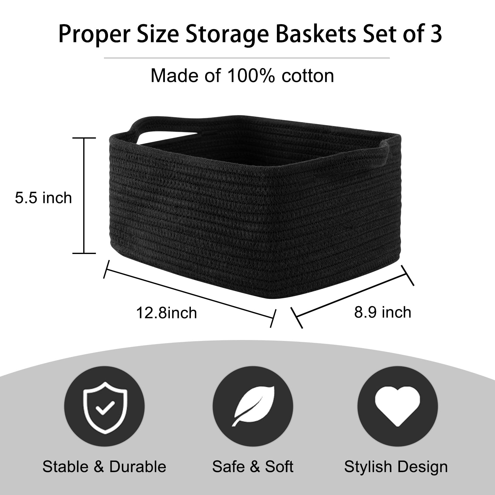 Oiahomy Cotton Rope Woven Baskets For Storage, Nursery Rectangle Storage Basket With Handles For Shelves, Pack Of 3, Black