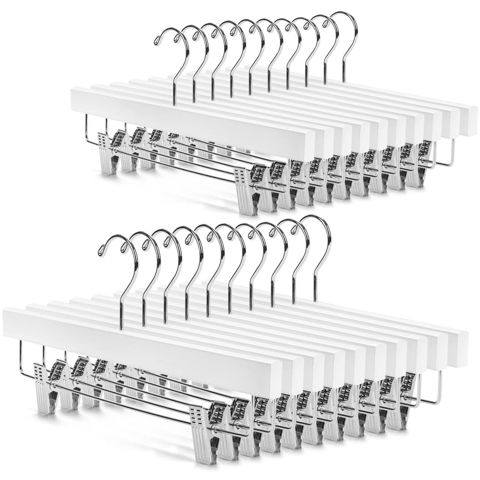 Nature Smile Deluxe Wooden Pants Hangers Solid Wood Bottom Jeans Hanger Skirt Hanger With 2-Adjustable Clips Pack Of 20 (White)