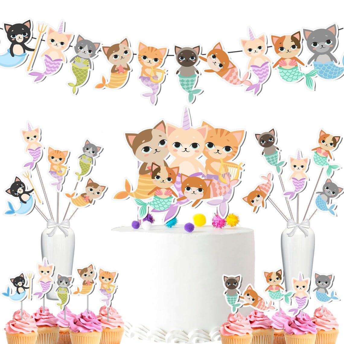 Mermaid Cat Party Decor Set - Whimsical Underwater Adventure Kit For Birthdays & Baby Showers, Includes Banners, Centerpieces, C
