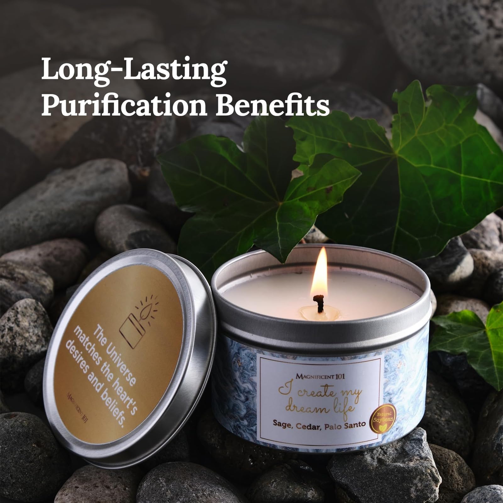 MAGNIFICENT 101 Affirmations Sage, Cedar, Palo Santo, Sprinkle of sage Leaves Smudge Candle for House Energy Cleansing, Banishes