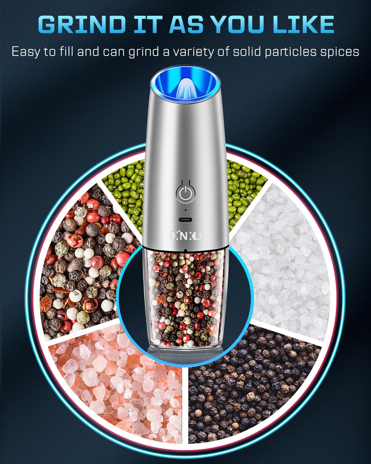 Xinxu Rechargeable Eectric Salt And Pepper Grinder Set,Automatic Pepper Mill,Usb Rechargeable,Adjustable Coarseness,One-Handed O