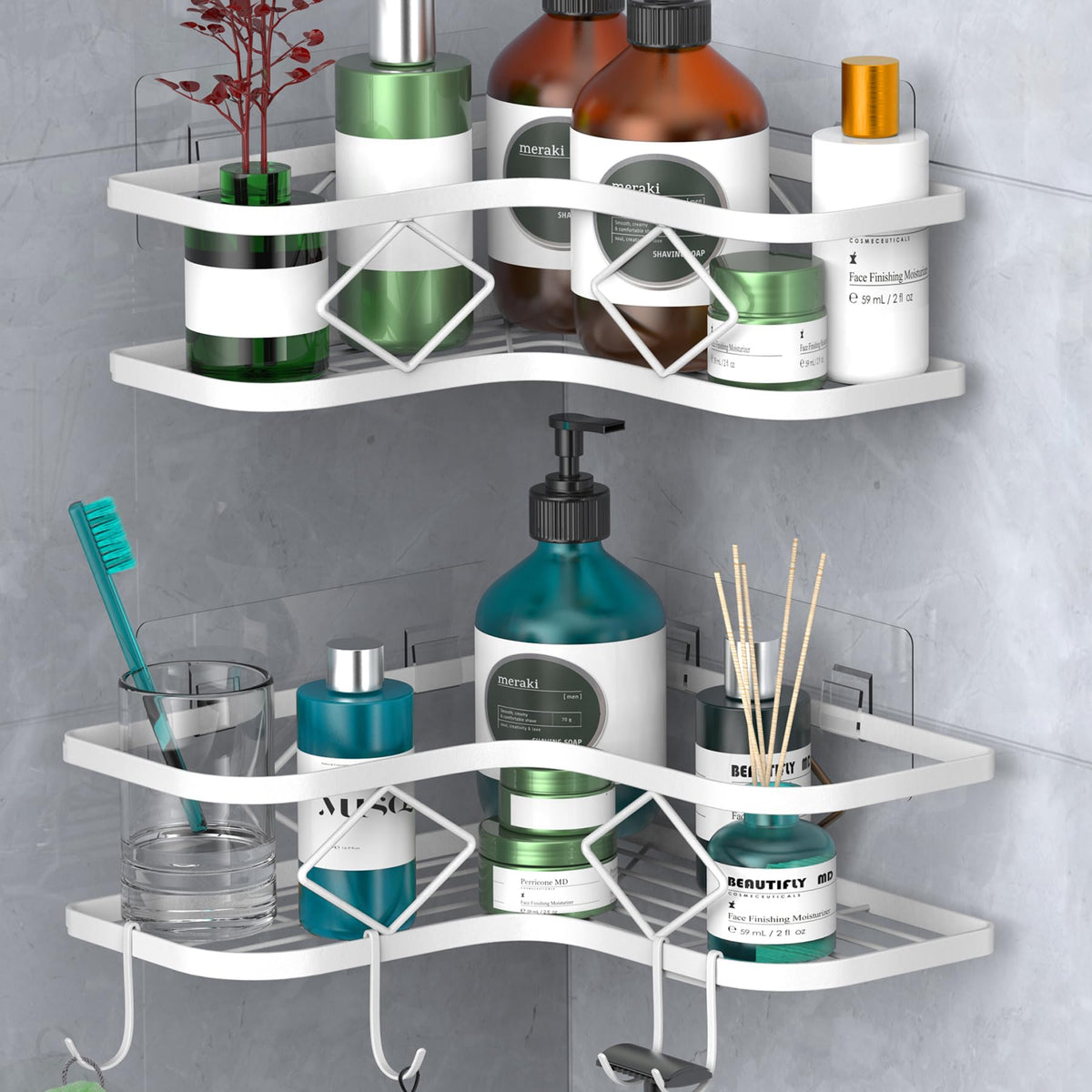 Kadolina Large Corner Shower Caddy Shelf, 2 Pack Adhesive Bathroom Shower Organizer Shelves, No Drilling Rustproof Wall Mounted