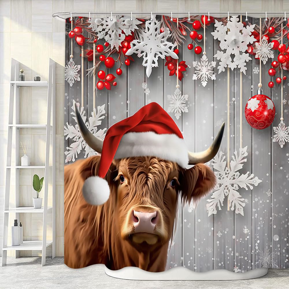 Highland Cow Christmas Shower Curtain, Funny Animals On Rustic Wooden Board Winter Farmhouse Snow Bathroom Bathtubs Decor, Polye