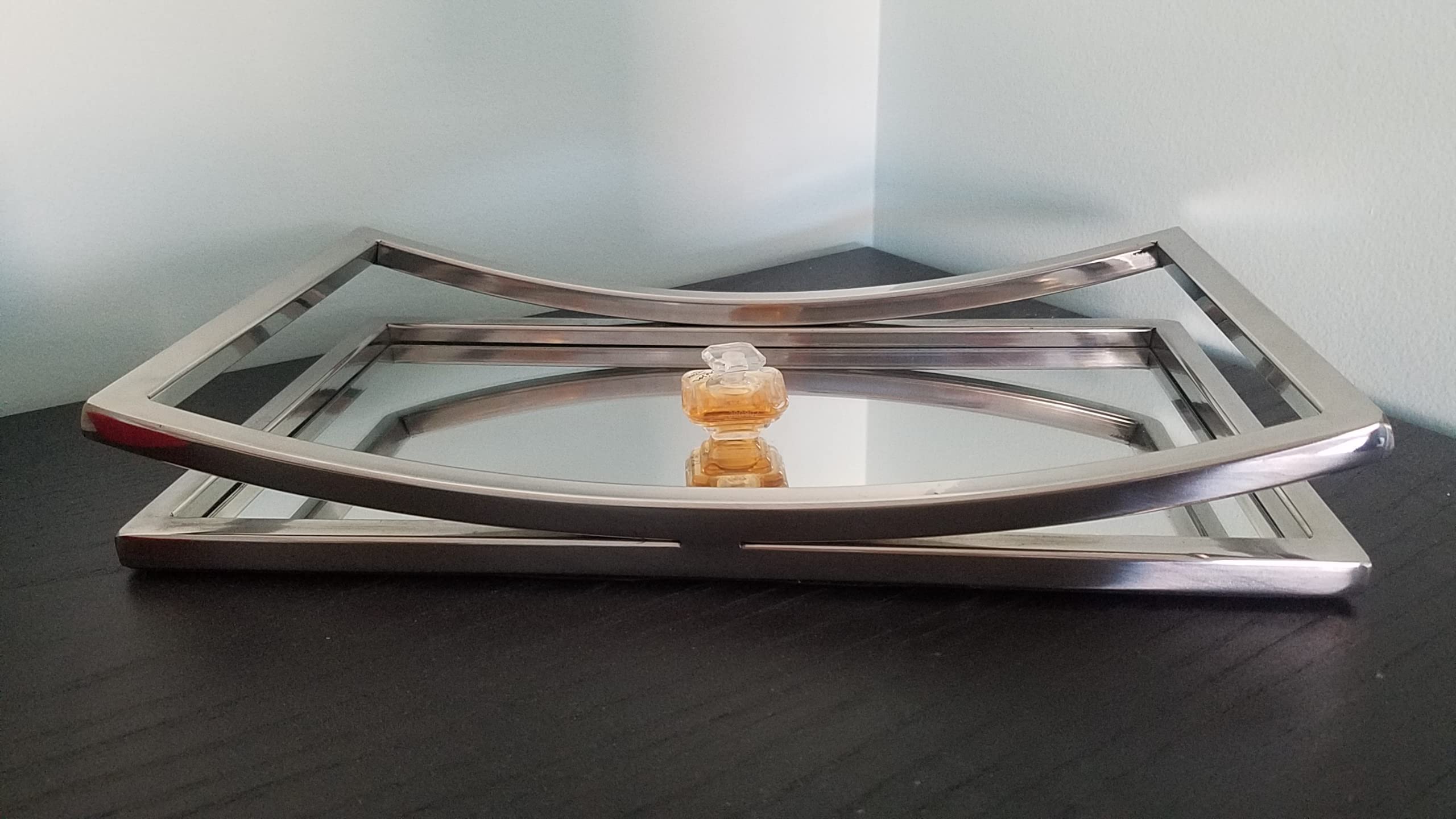Elegance Beam Vanity Mirror Tray For Makeup, Cosmetics, Perfume, Candles, Or Home Decor, Decorative Mirrored Base With Silver Re