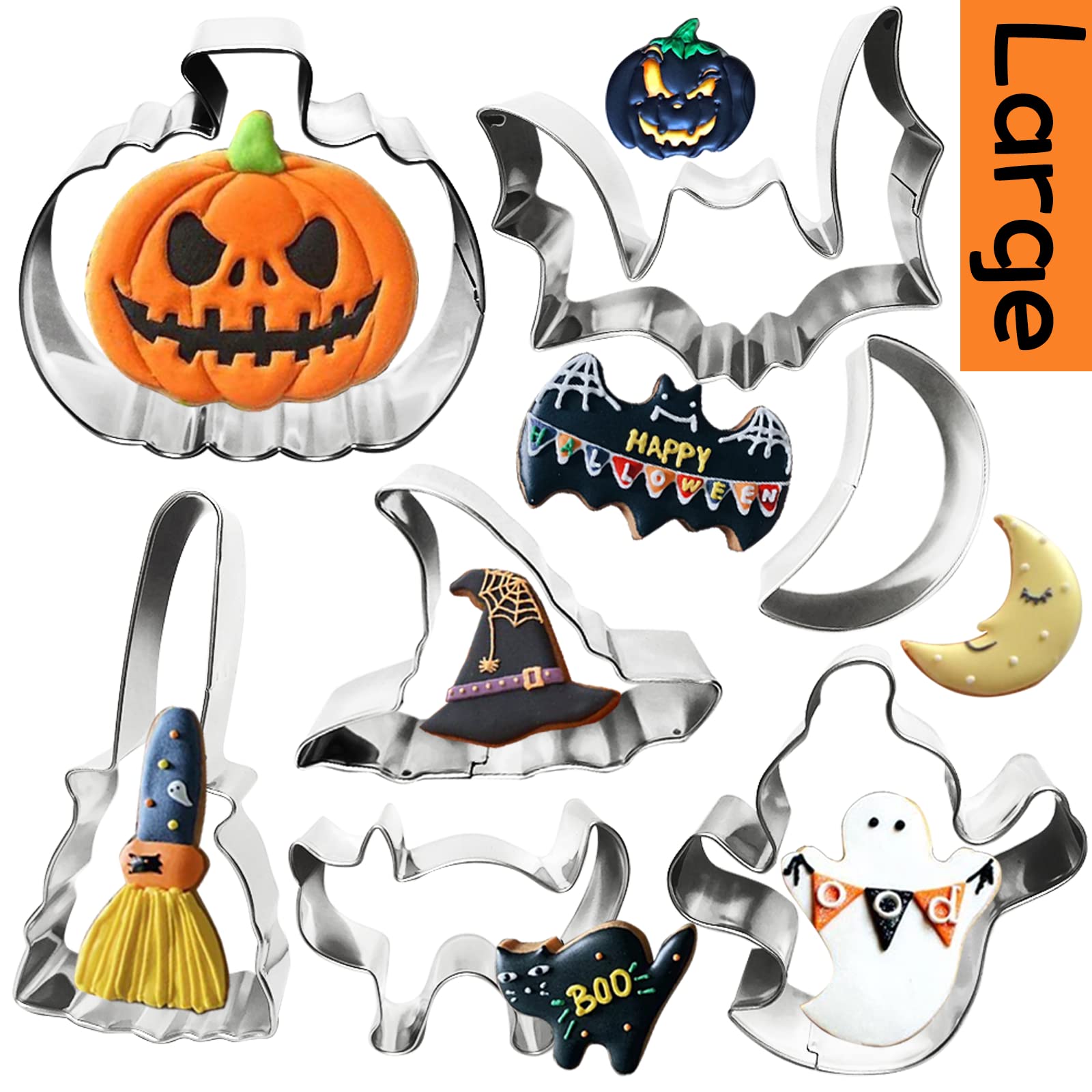 Xgigix Halloween Cookie Cutter Set- 7 Pcs Large Stainless Steel Cookie Cutters Mold For Making Pumpkin, Bat, Ghost, Witch Hat, C