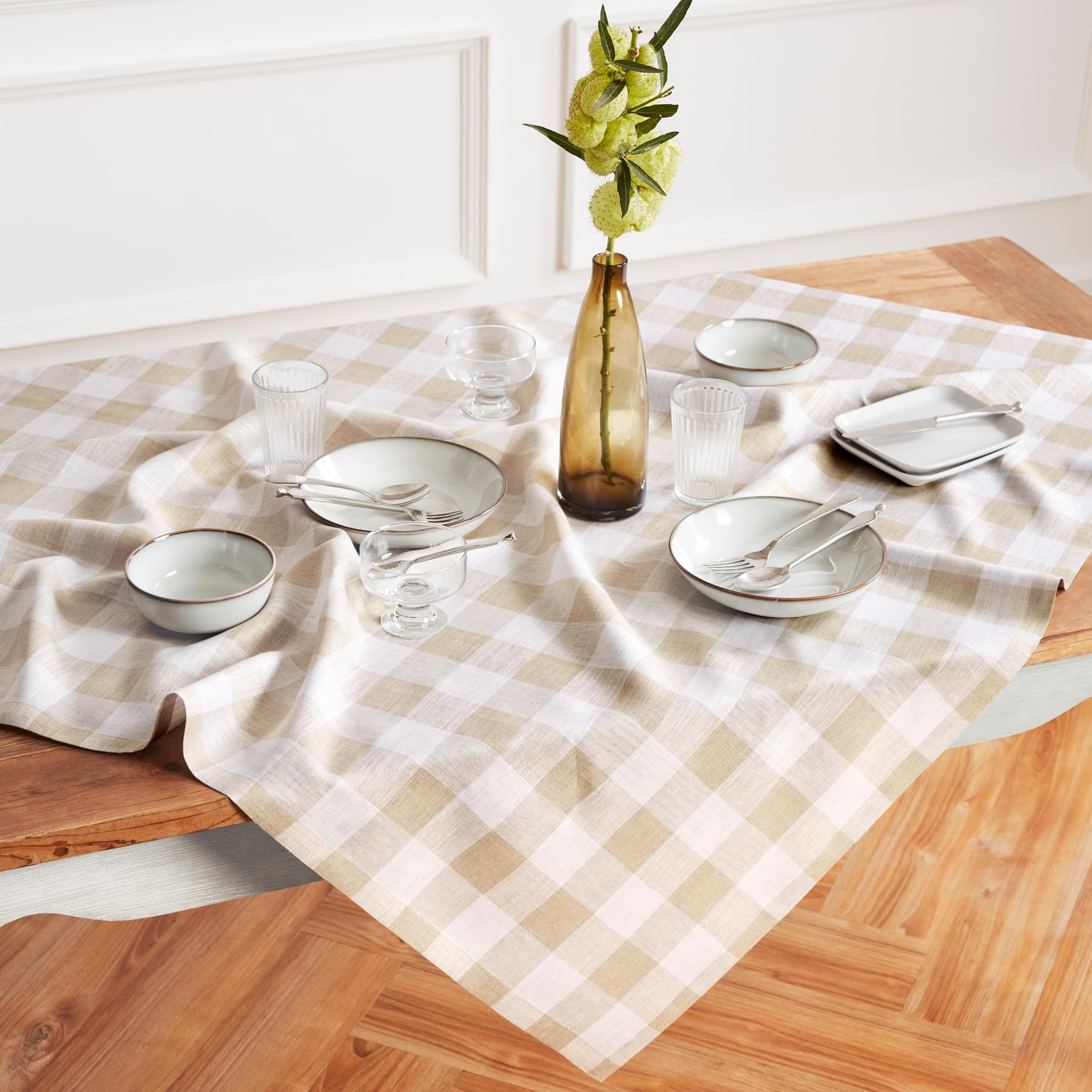Solino Home Buffalo Check Linen Tablecloth 144 L x 60 W Inch - 100% Pure Linen Natural and White Table Cloth for Rectangle Table