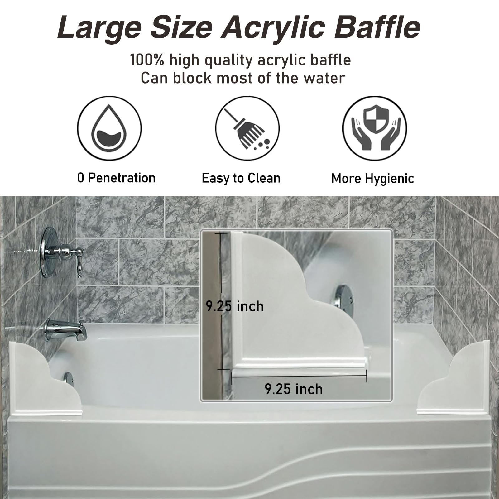 FAILUN Shower Splash Guard - 2pcs Self-Adhesive Water Barrier for Bathtub Corner, 9.25"x9.25", White Acrylic