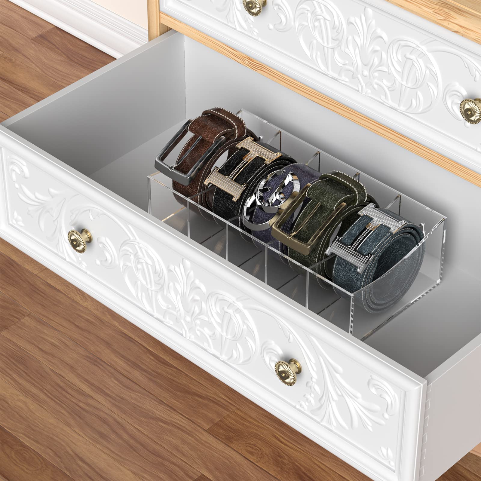 Kdsksc Belt Organizer, Acrylic Belt Storage Holder For The Closet And Drawer, 5 Compartments Belt Container Clear Display Case F