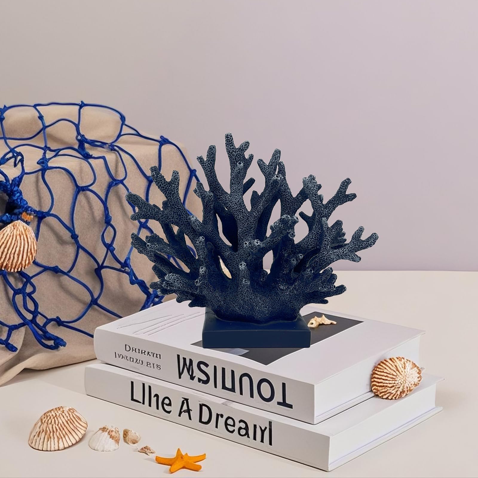 Elegondrar 5.8 H Dark Blue Coral Decor - Resin Coral Statue, Nautical Decor for Home, Bedroom, Bathroom, Living Room, Ocean Them