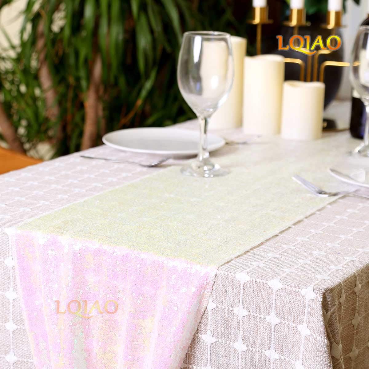 Lqiao 108 Inches Sequin Table Runner Linens Long With Iridescent White Sparkly Sequin Christmas Kitchen Dining Table Wedding Bri