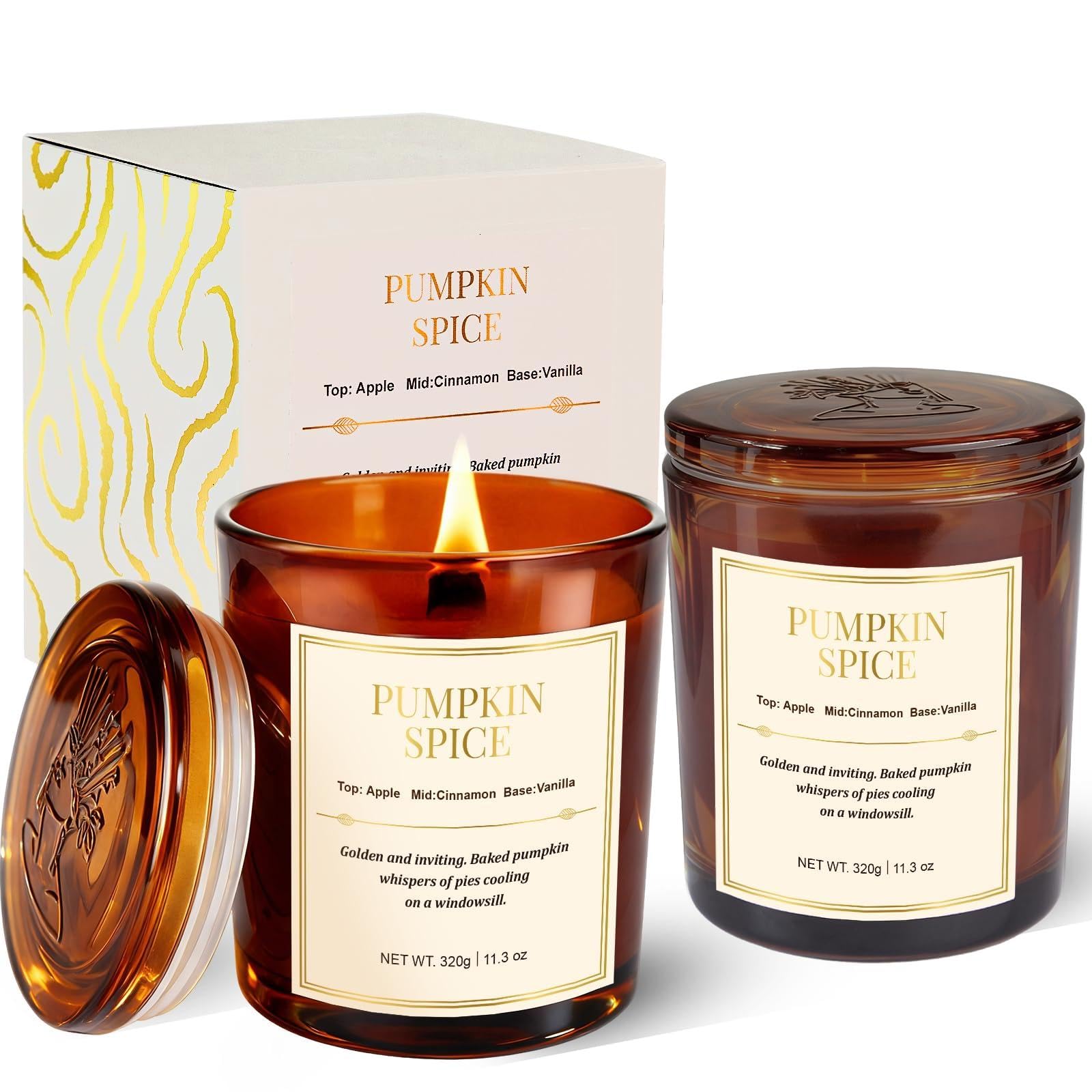 Fall Candle Gift Set -2 Pack Wooden Wick Pumpkin Spice Scented Candles,22.6 oz Natural Soy Wax Candles with Gift Box,Long Lastin