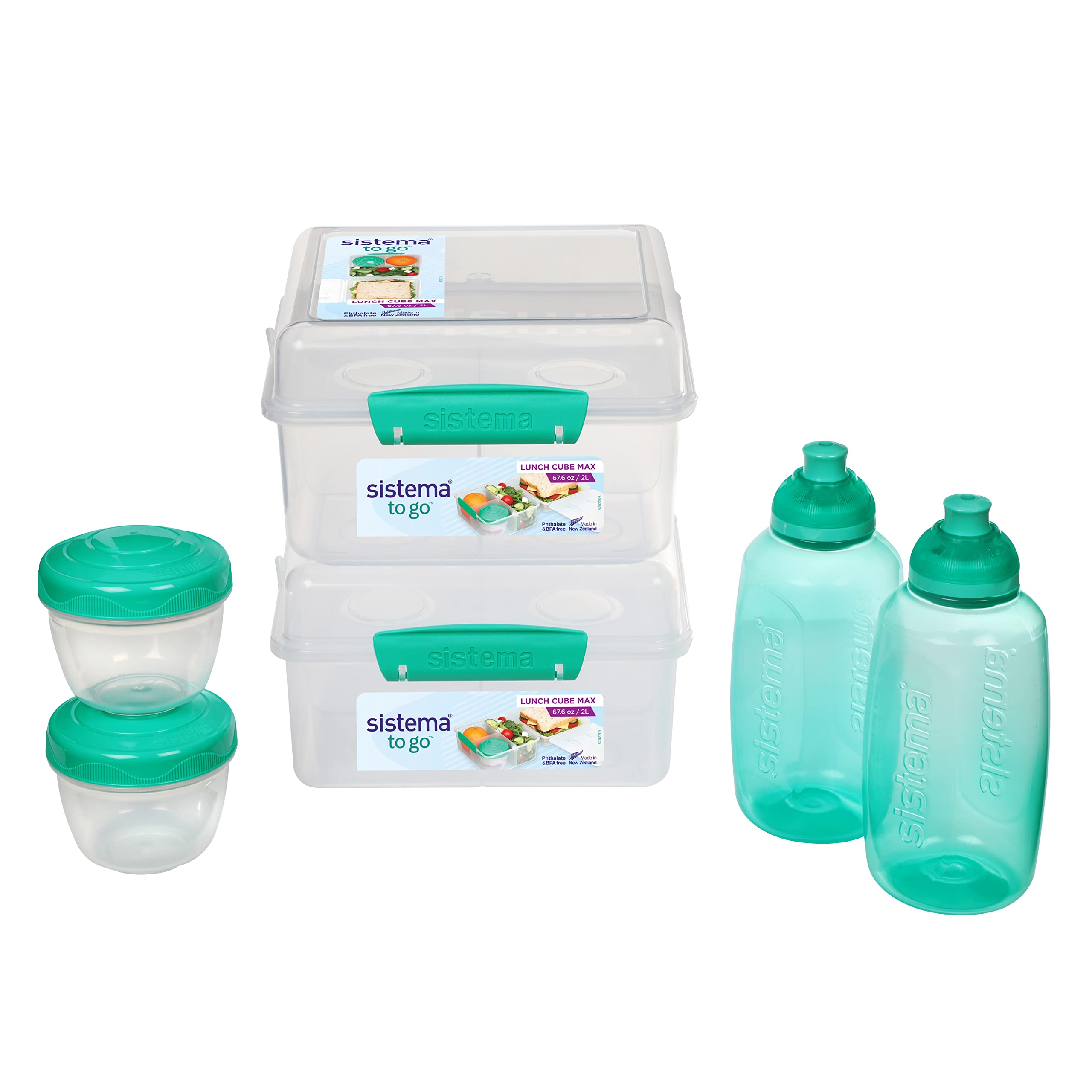 Sistema To Go Kids Lunch Boxes & Meal Containers | 2 Twist N Sip Kids Water Bottles, 2 Lunch Cube Max With Dividers & 2 Leak-P