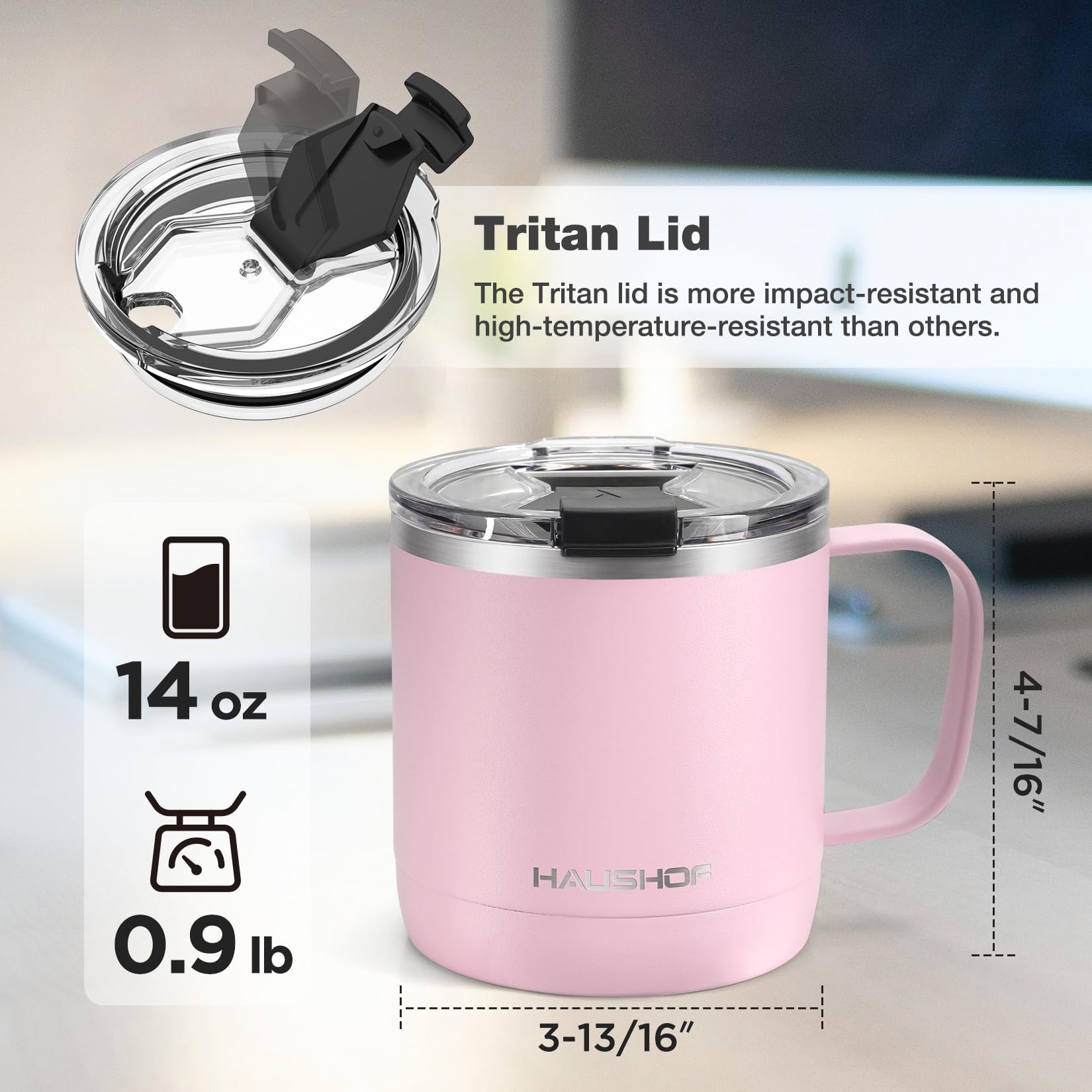 Haushof 14 Oz Coffee Mug, Insulated Coffee Mug With Handle, Travel Camping Cup, Portable Stainless Steel Coffee Cup, Insulated C