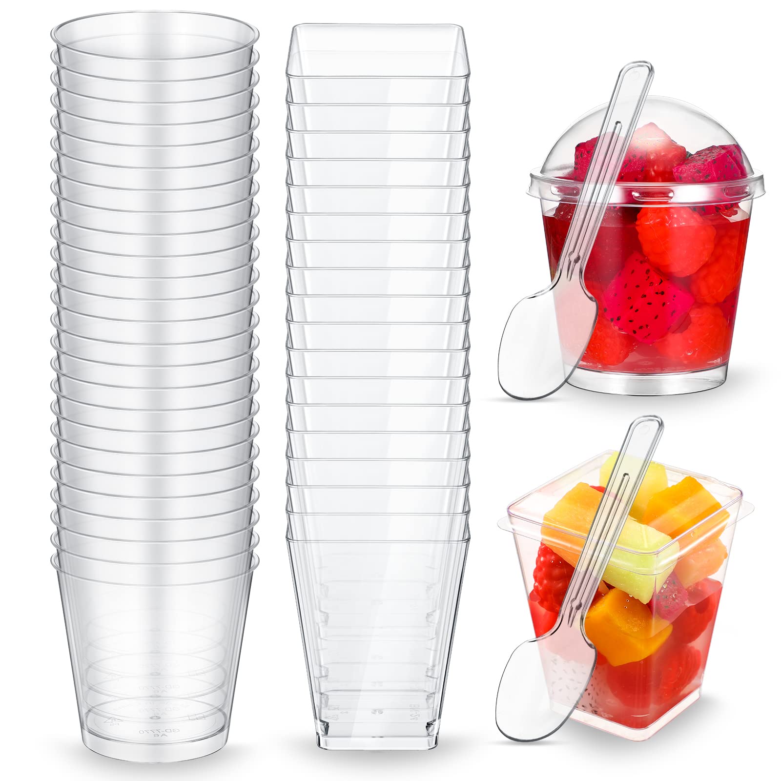 Eaasty 100 Sets Dessert Cups with Lids and Spoons Plastic Yogurt Parfait Appetizer Shooter Cups Round and Square Mini Containers