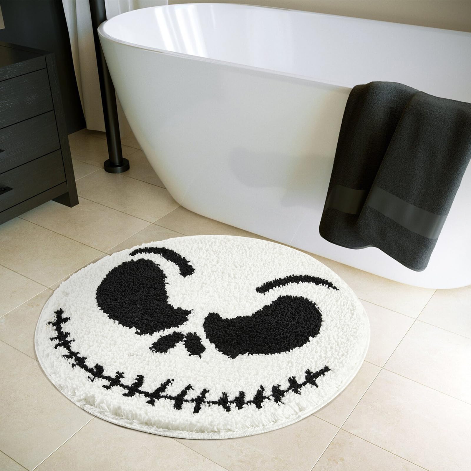 Jack Skellington Halloween Round Bathroom Rugs Mat 2Ft, Non-Slip Machine Washable Soft Absorbent Shaggy Bath Rug The Nightmare B