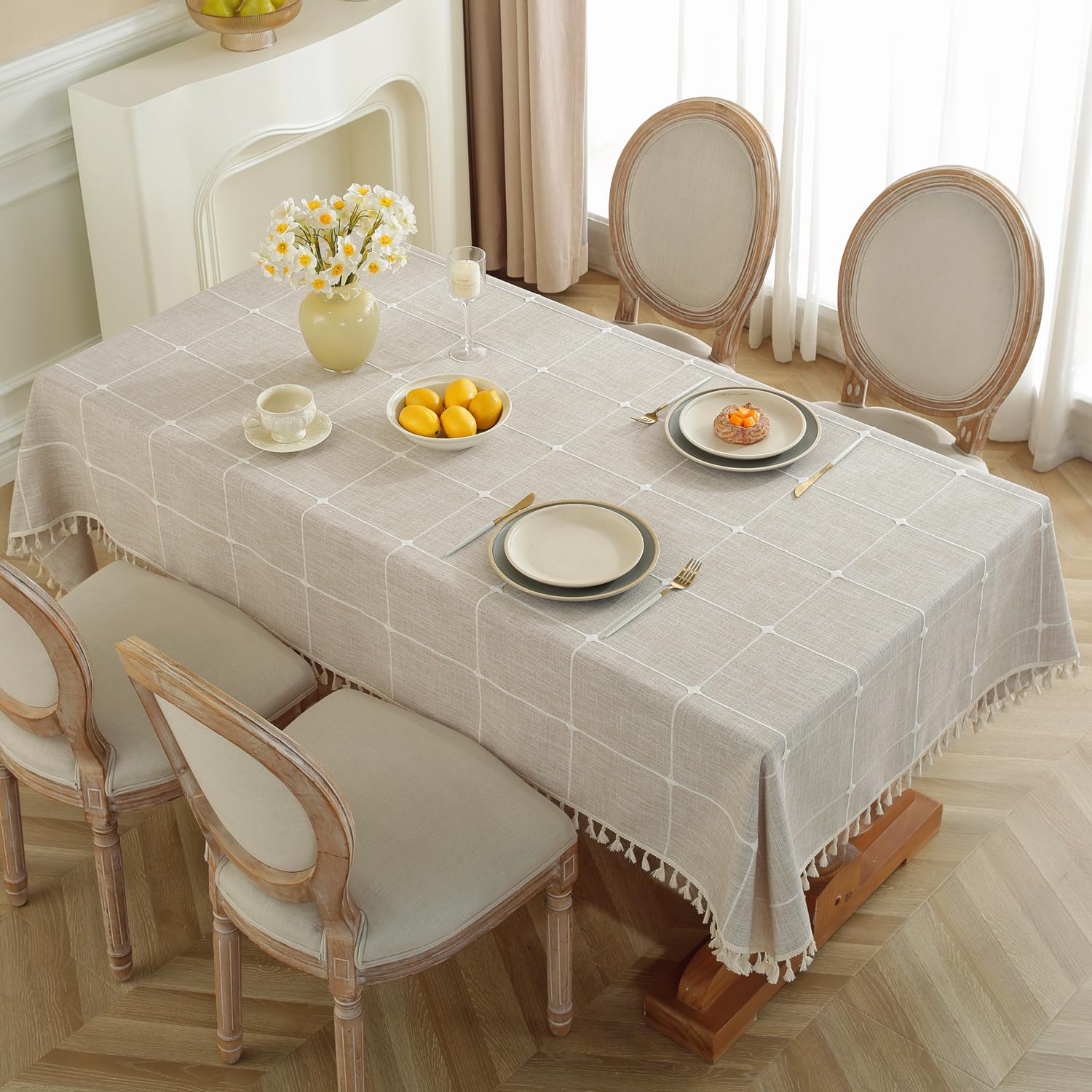 Laolitou Coffee Plaid Tablecloth Rustic Burlap Linen Fabric,Washable Outdoor Table Covers With Tassel,Waterproof Table Cover For