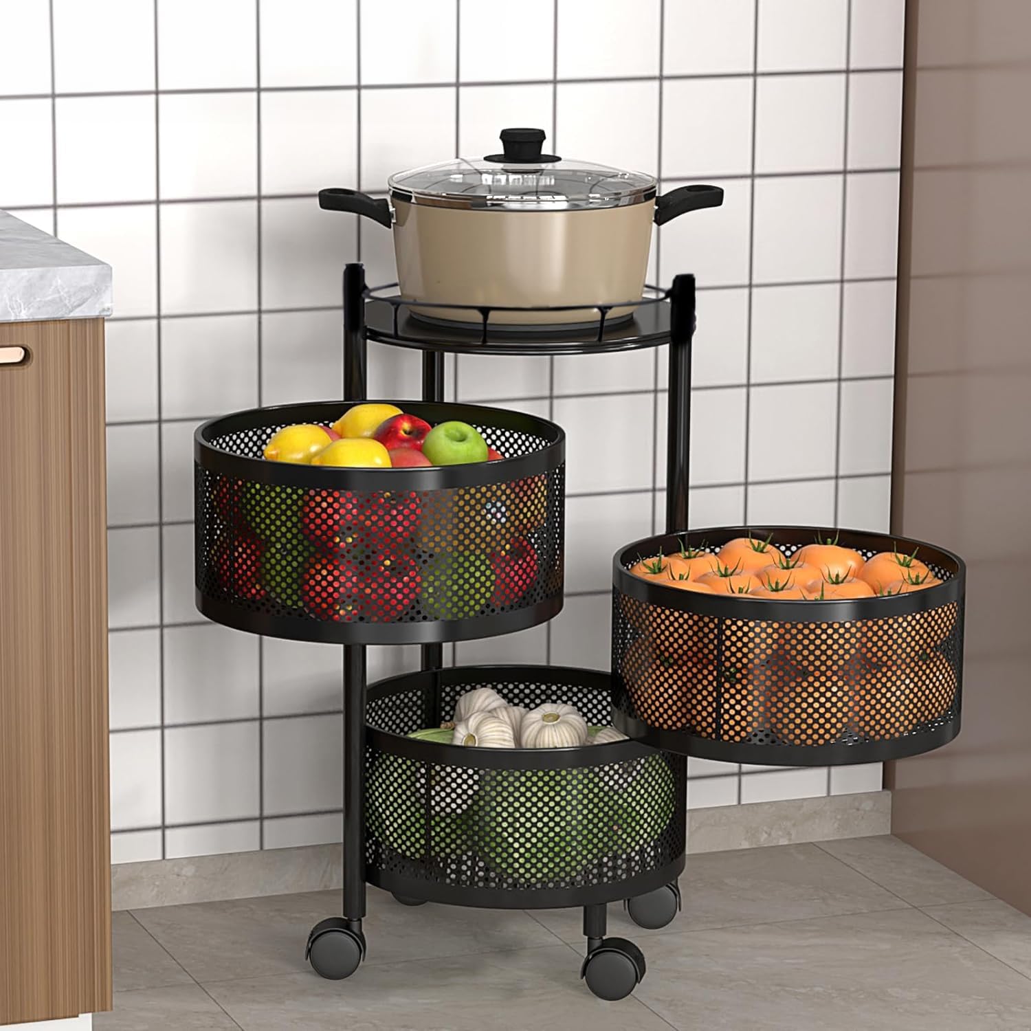 Kuber Industries Storage Rack | 3Layer Round Multipurpose Storage Trolley With Wheels | Rotating Vegetable Kitchen Rack | Kitch