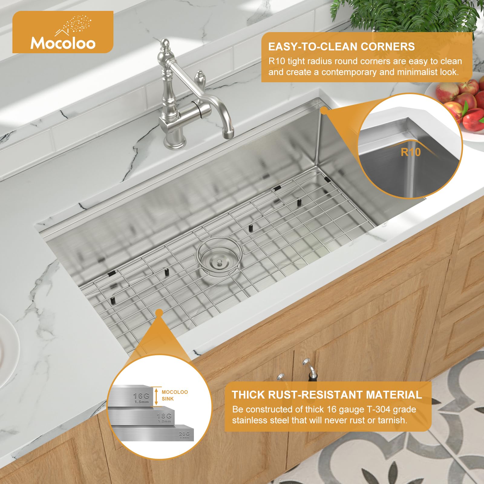 30 Undermount Kitchen Sink - Mocoloo 30X19 Inch Stainless Steel Kitchen Sink Workstation 16 Gauge Single Bowl Handmade Basin, 10