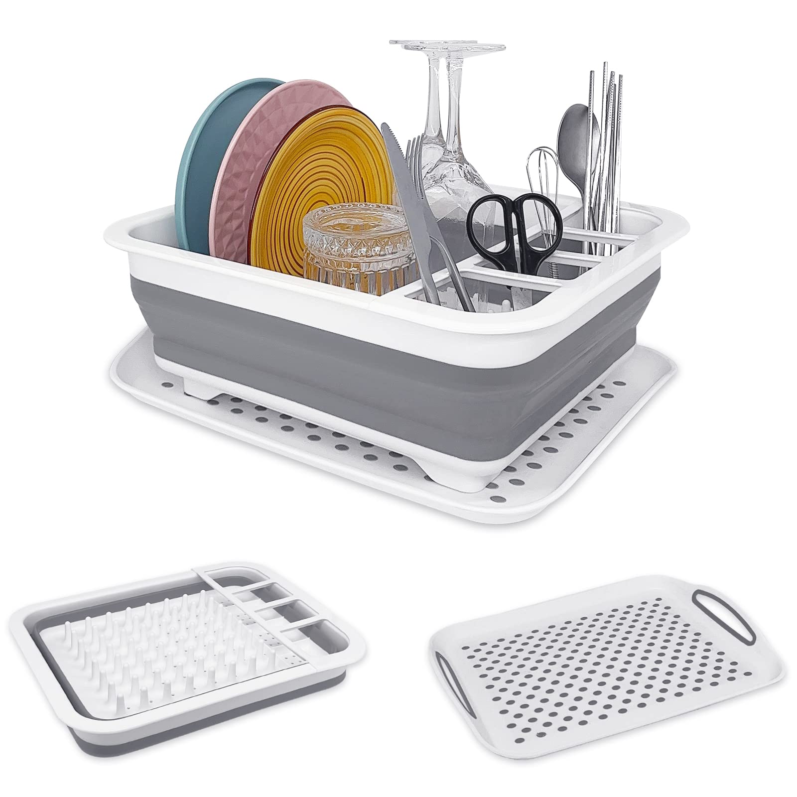 Goderewild Collapsible Dish Rack With Drainboard For Drying Dishes - Space-Saving Foldable Design With Dinnerware Storage Tray/B