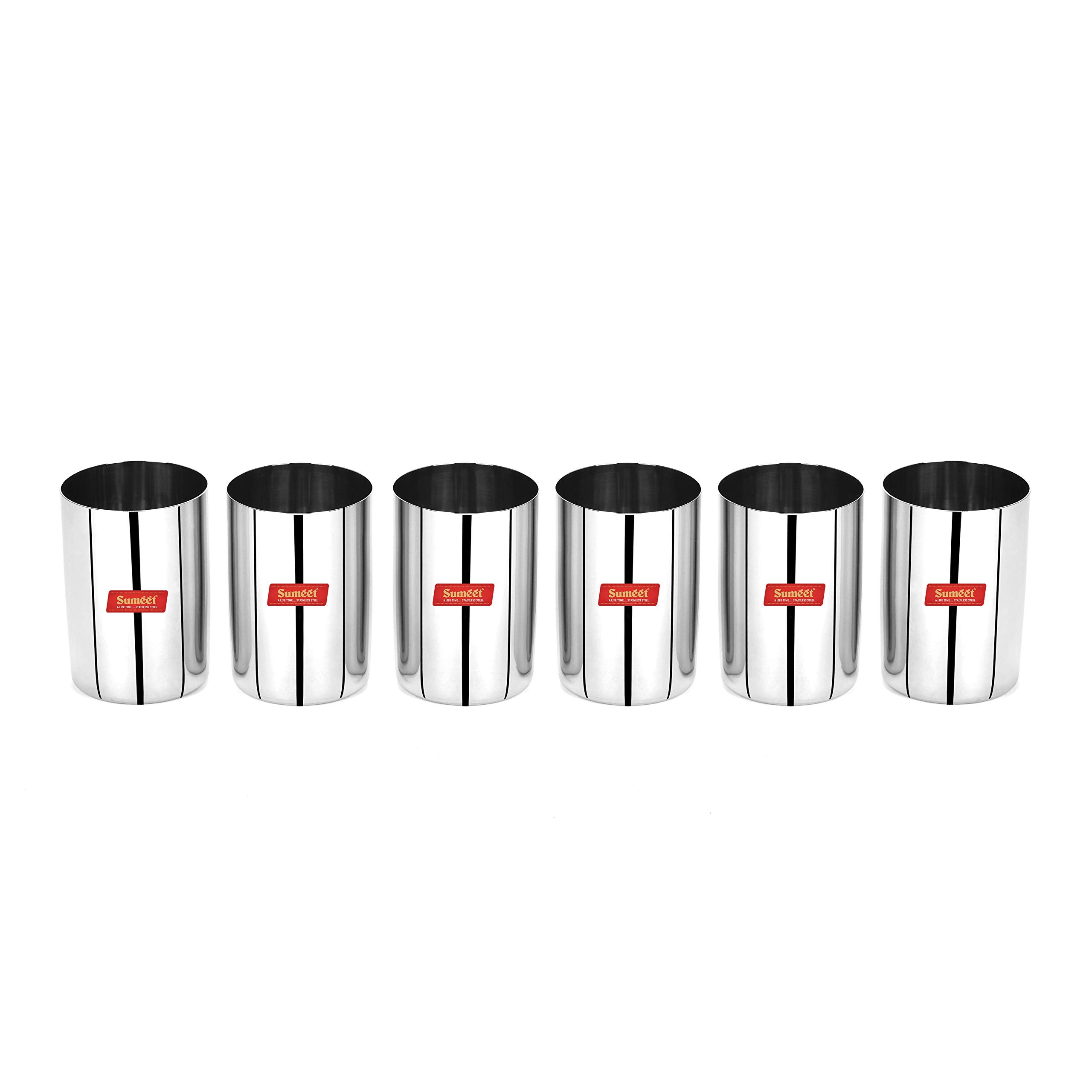 Sumeet Stainless Steel Mirror Finish Circle Shape Heavy Gauge Glass Set of 6 Pcs - 6.5cm Dia - (300ml Each)  Silver