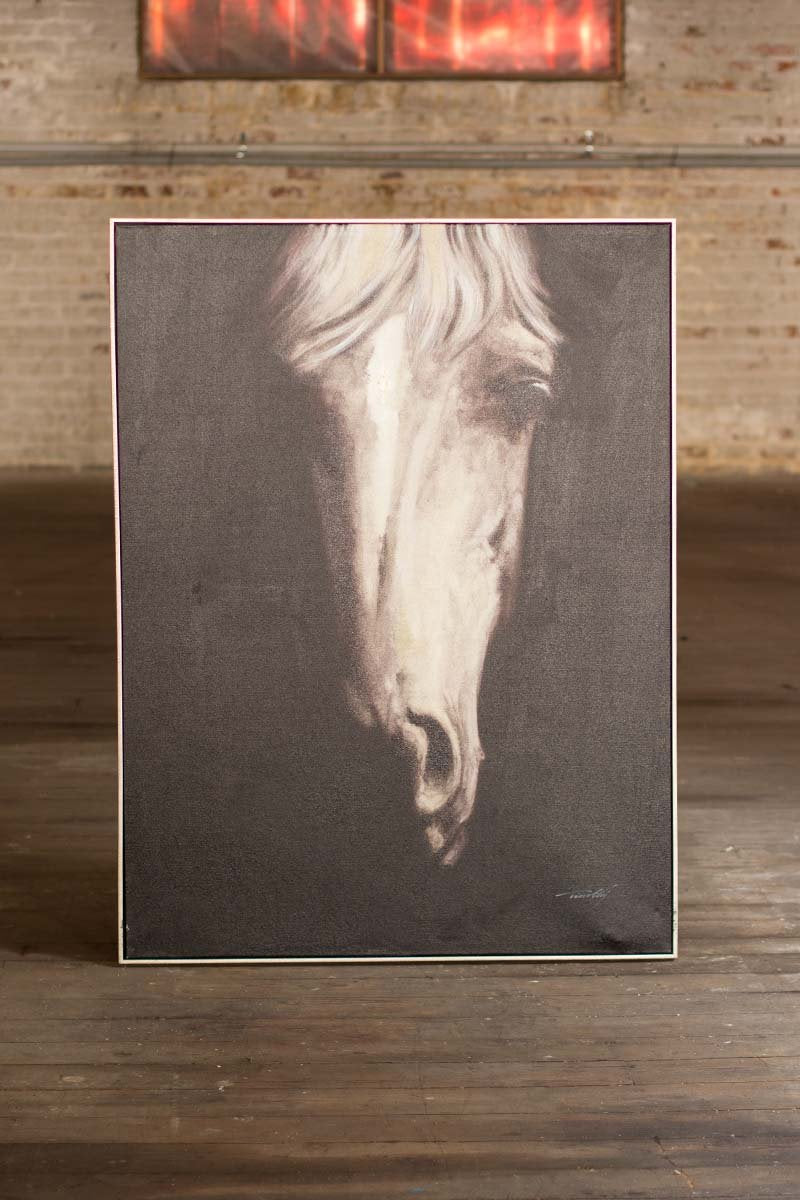OIL PAINTING BLACK & WHITE FRONT VIEW HORSE W SILVER FRAME
