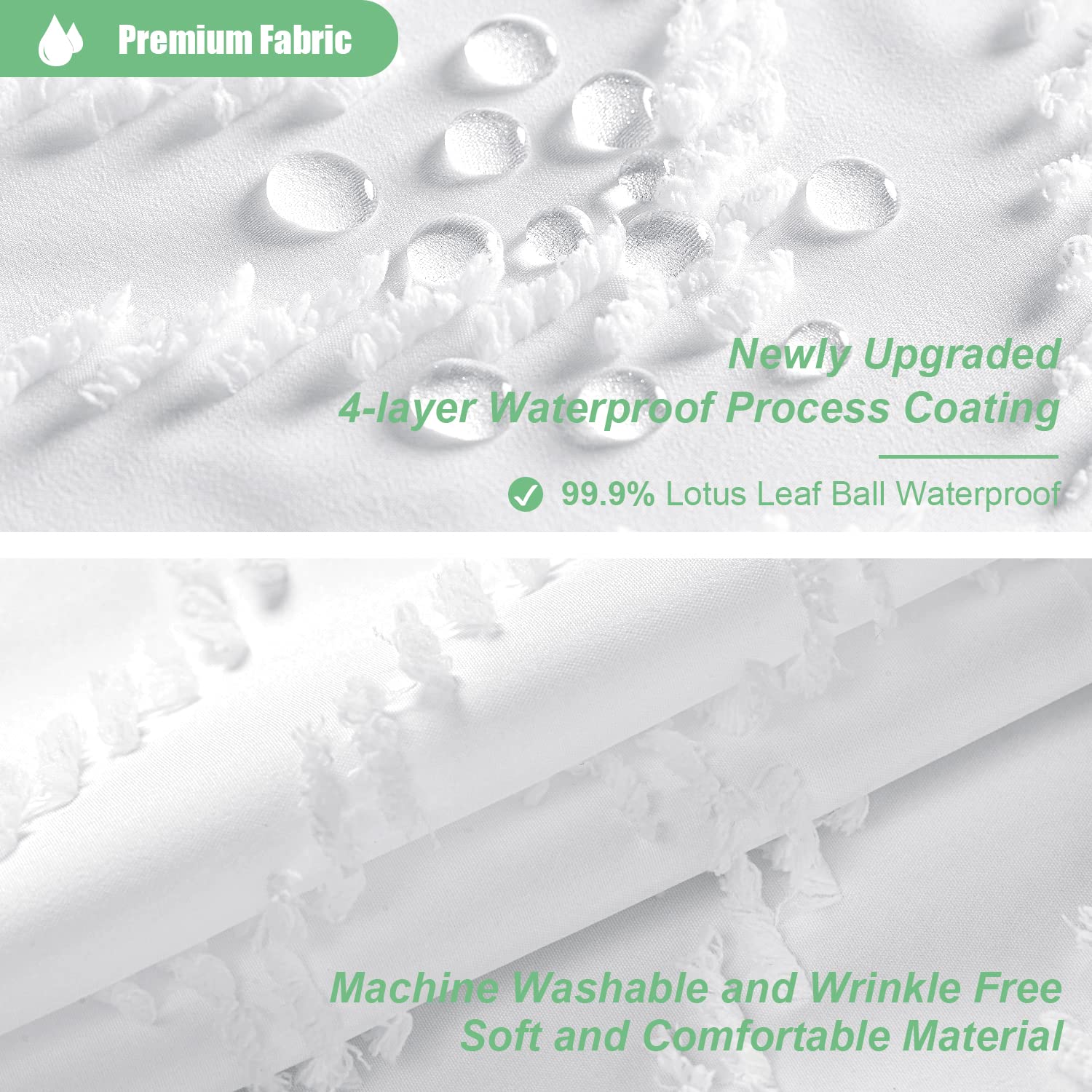 Dynamene Boho Farmhouse Shower Curtain, White Fabric Tufted Chevron Striped Textured Tassel Shower Curtains For Bathroom, Water