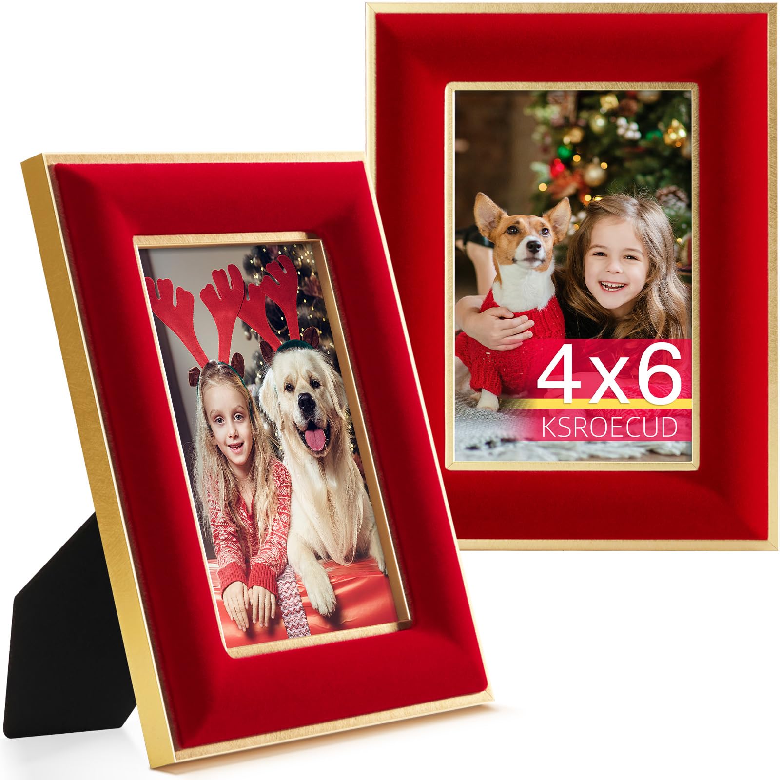 KSROECUD 4x6 Velvet Picture Frame, Red Photo Frames with Modern Simple Metallic Gold Border, HD Real Glass Horizontal & Vertical