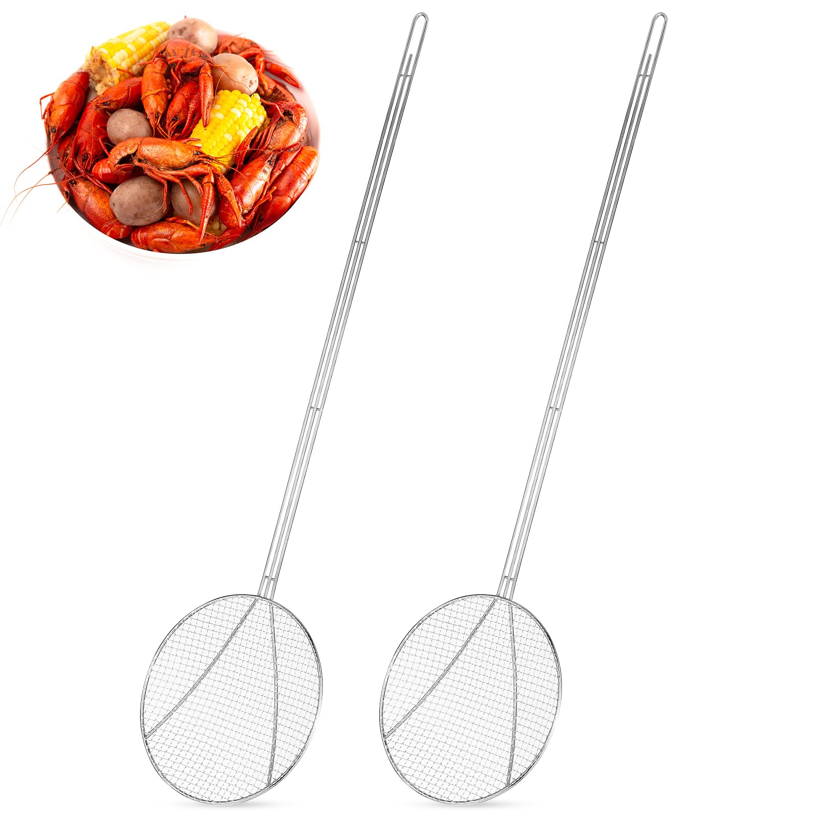 Baderke 2 Pcs 36 Inch Round Nickel Plated Wire Skimmer Stainless Steel Food Strainer Skimmer Spoon Mesh Stirring Fryer Skimmer W