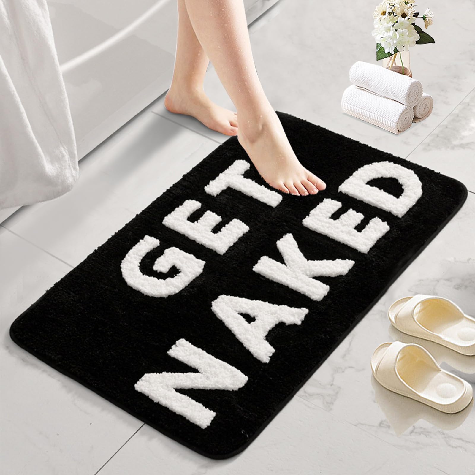 Qleewei Get Naked Bath Mat Fun Bathroom Rugs Soft Non Slip Cute Bath Rugs Funny Bathroom Decor For Bedroom (Black, 16 X 24 '')