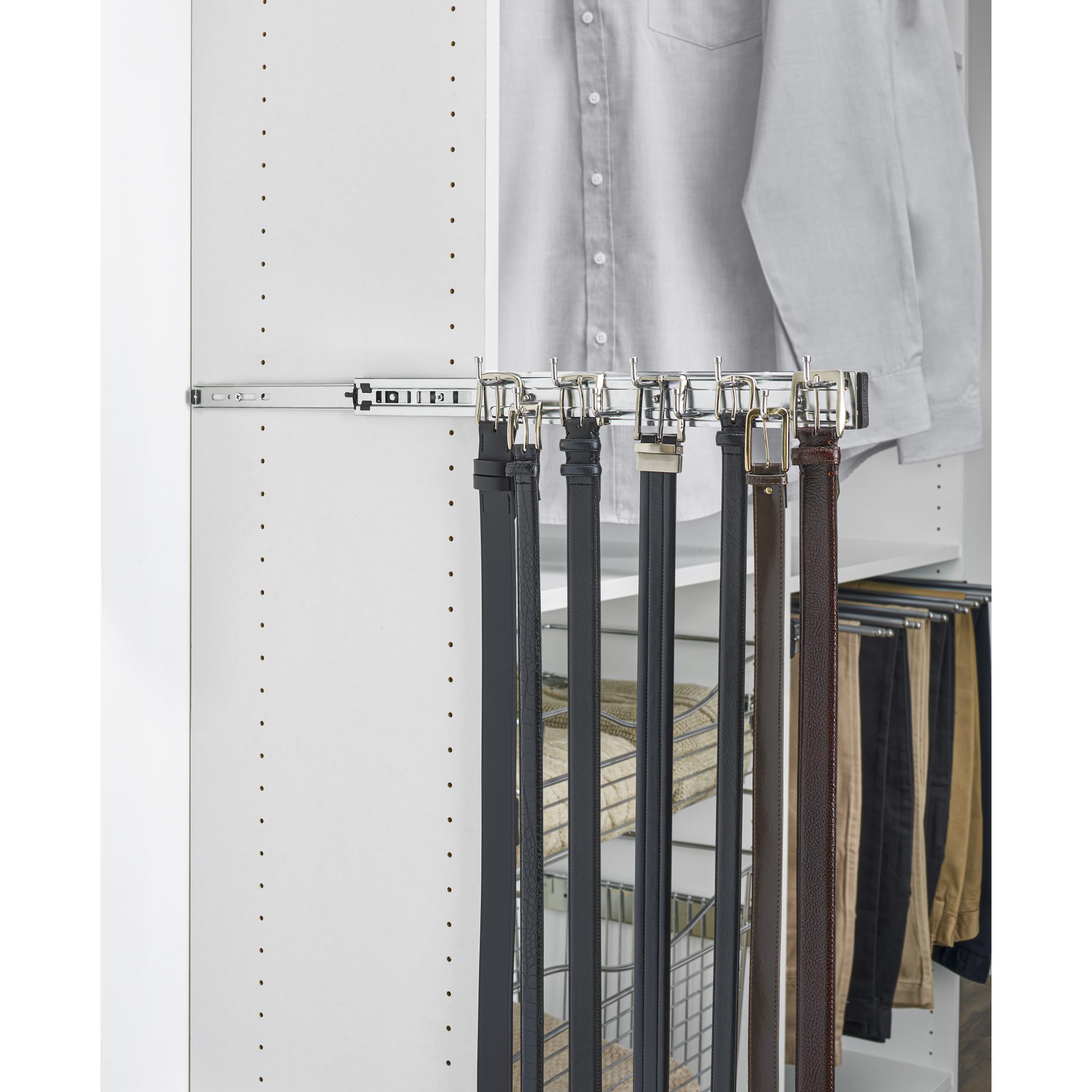 Rev-A-Shelf 14'' Pull Out Closet Organization Rack for Belts  Ties and Scarves  Accessories Storage Hanger with Mounting Hardware  Chrome  BRC-14CR