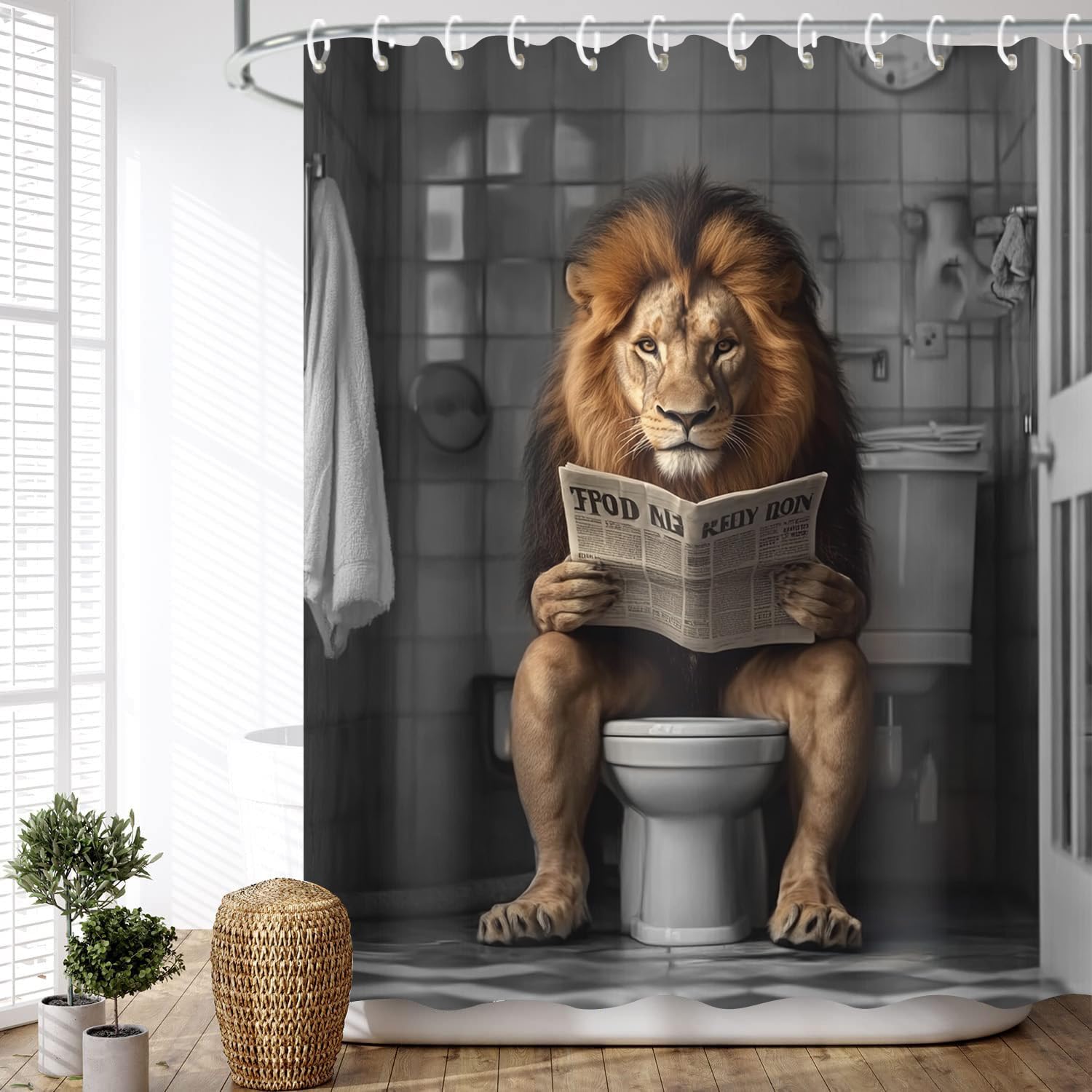 Jawo Funny Shower Curtain Farmhouse Cool Lion Shower Curtains For Bathroom Grey Brown Humor Animal Reading On Toilet Vintage Wes